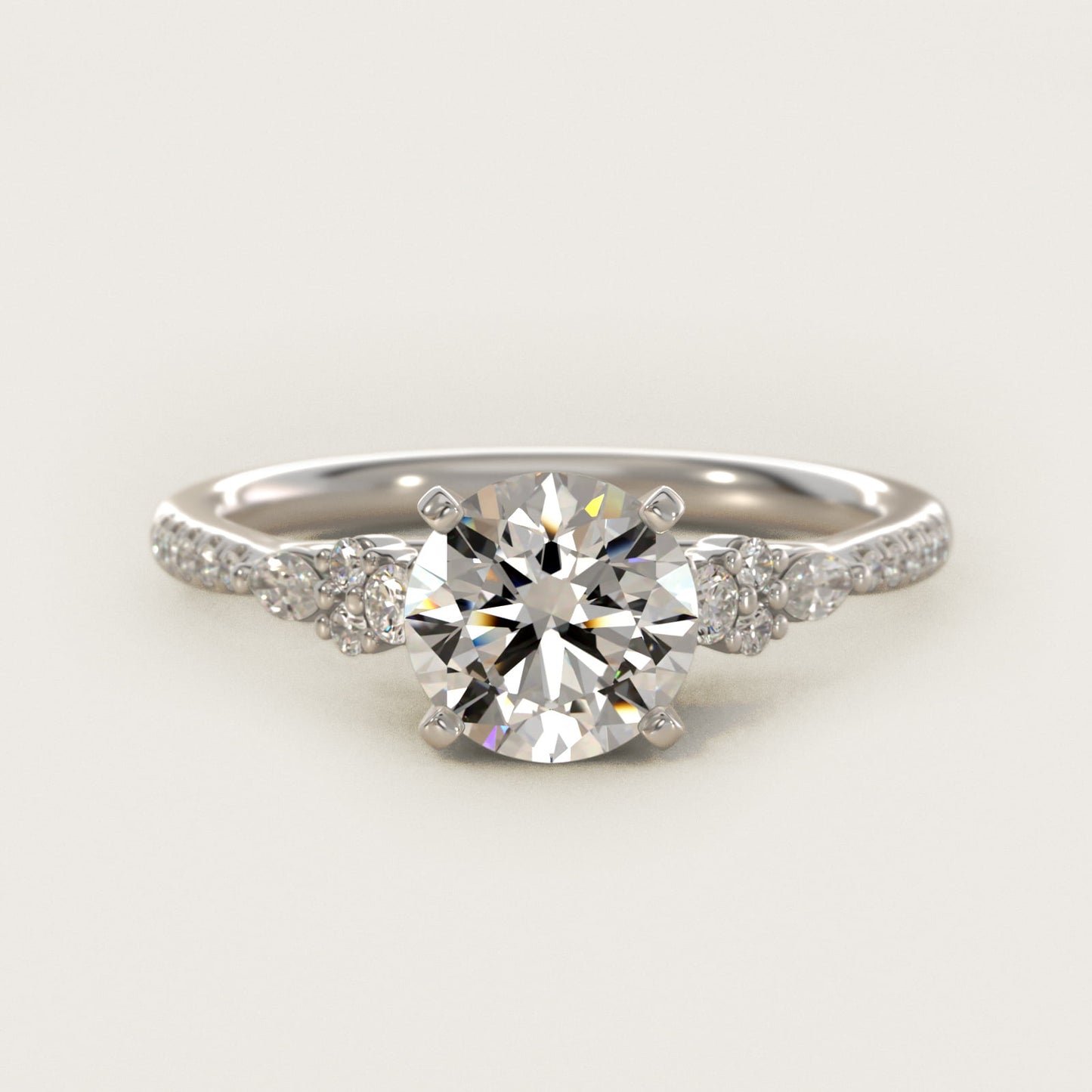Petite Marquise and Round Diamond Engagement Ring in 14k White Gold - Round Center