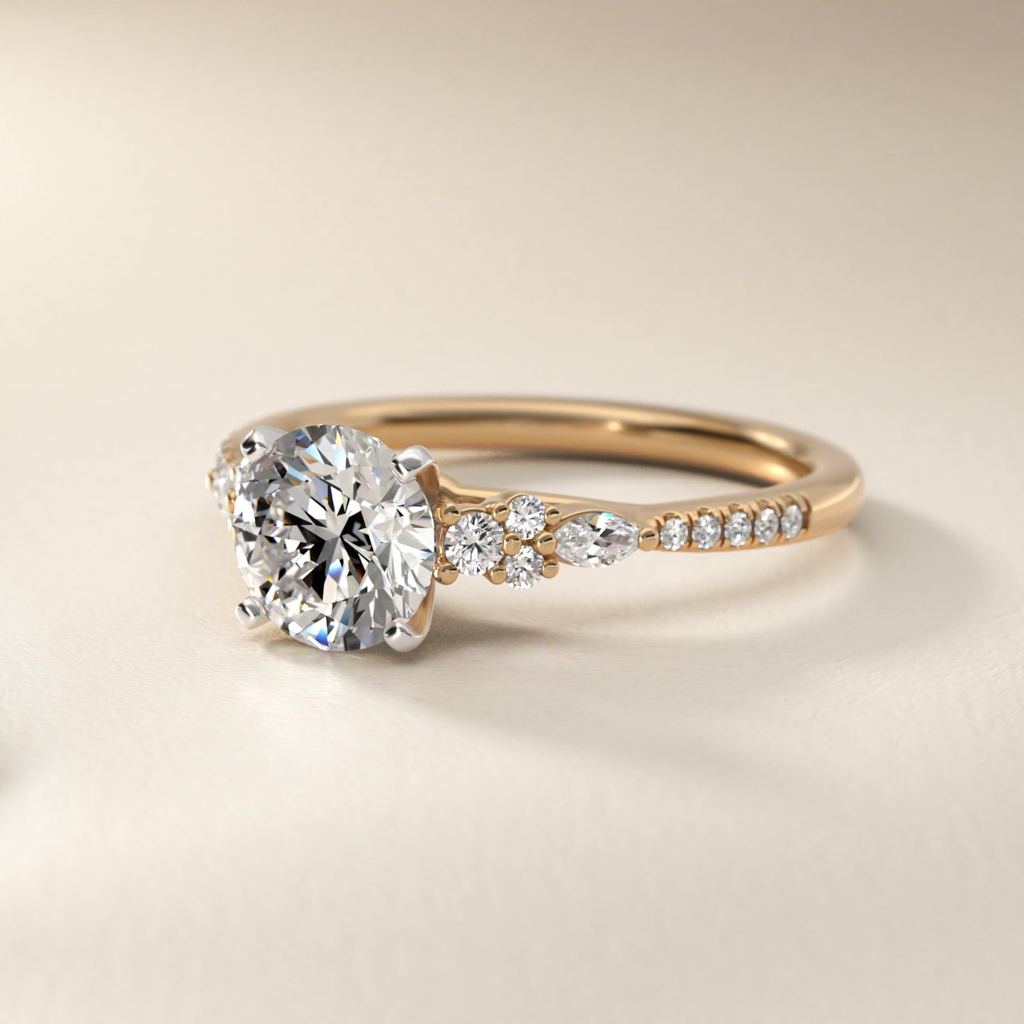 Petite Marquise and Round Diamond Engagement Ring in 14k Yellow Gold - Round Center