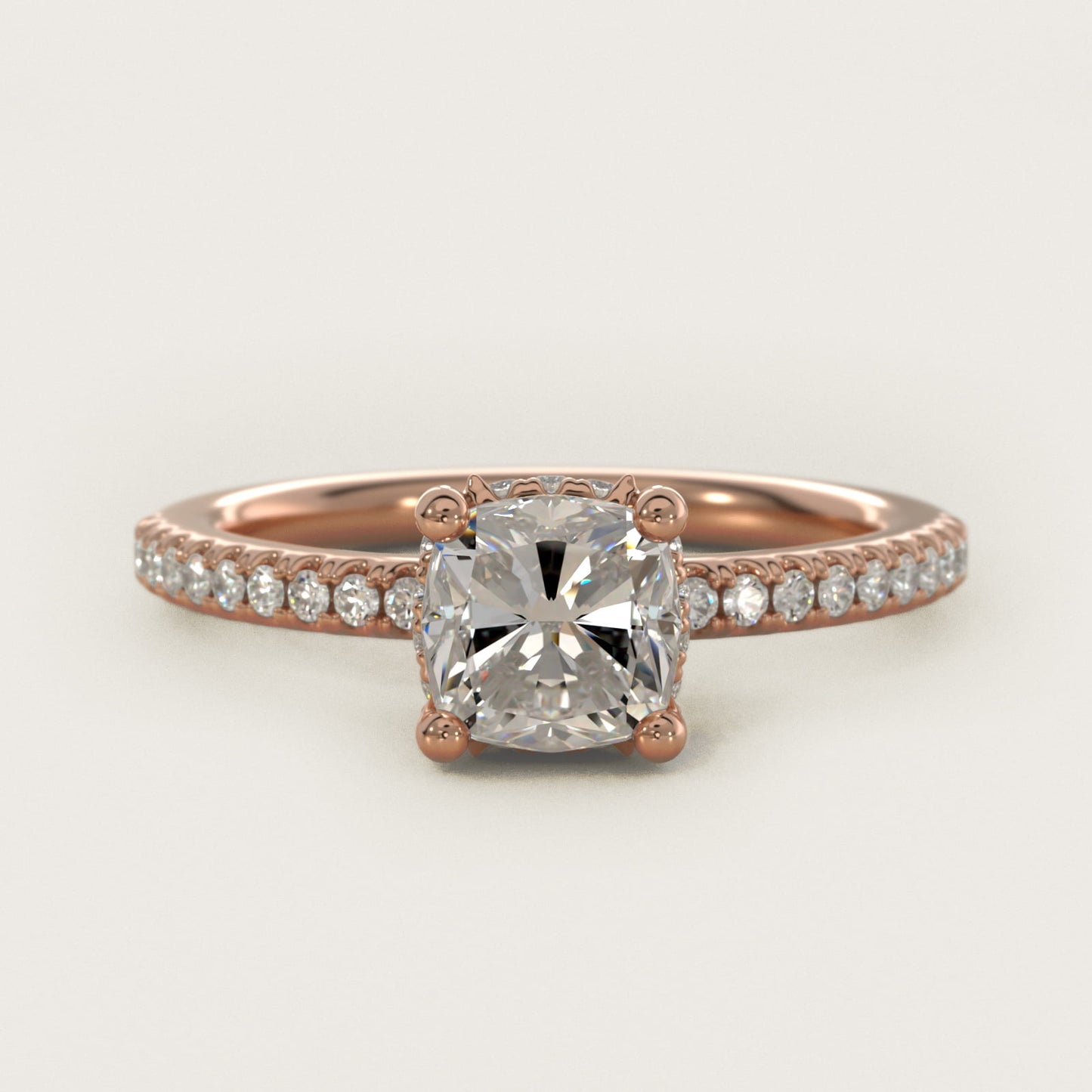 Petite MicropavŽ Hidden Halo Engagement Ring in 18k Rose Gold (1/5 ct. tw.) - Cushion Center