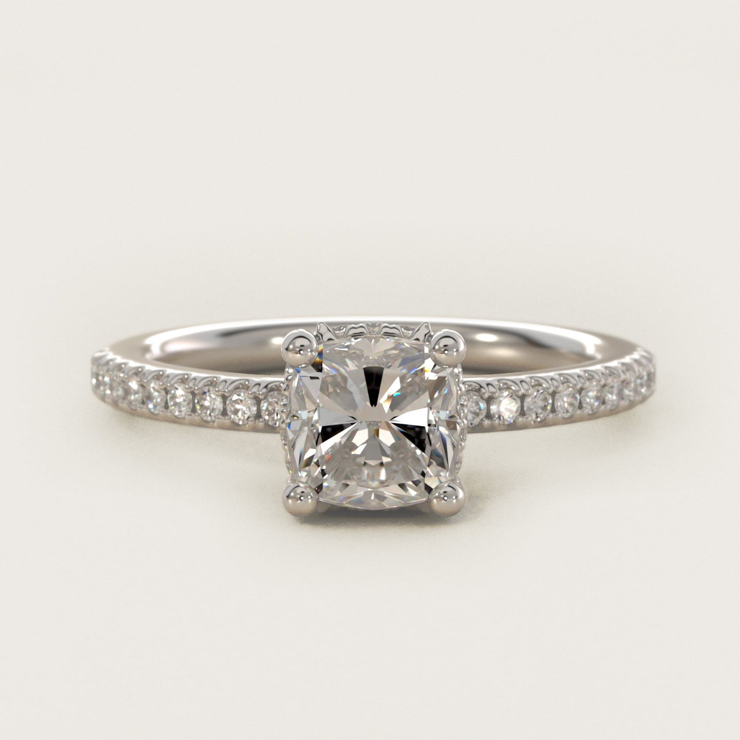 Petite MicropavŽ Hidden Halo Engagement Ring in 14k White Gold (1/5 ct. tw.) - Cushion Center
