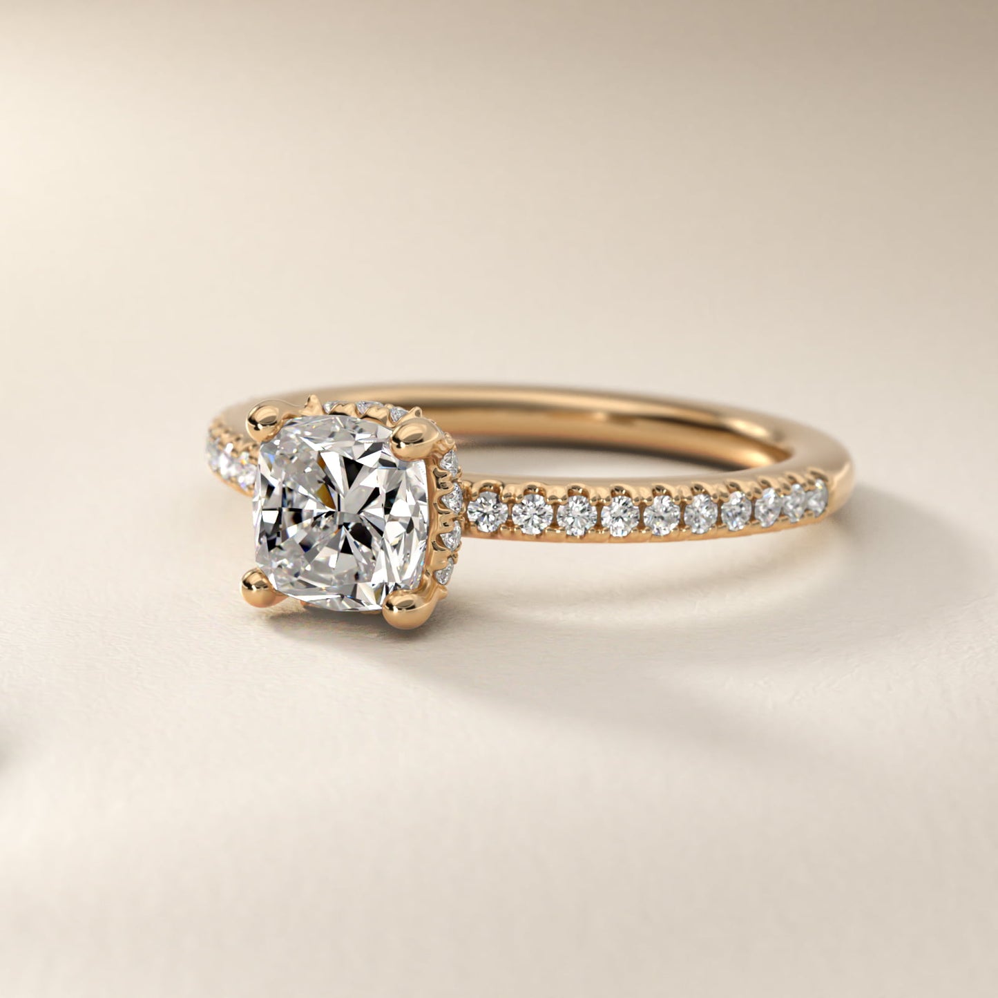 Petite MicropavŽ Hidden Halo Engagement Ring in 18k Yellow Gold (1/5 ct. tw.) - Cushion Center