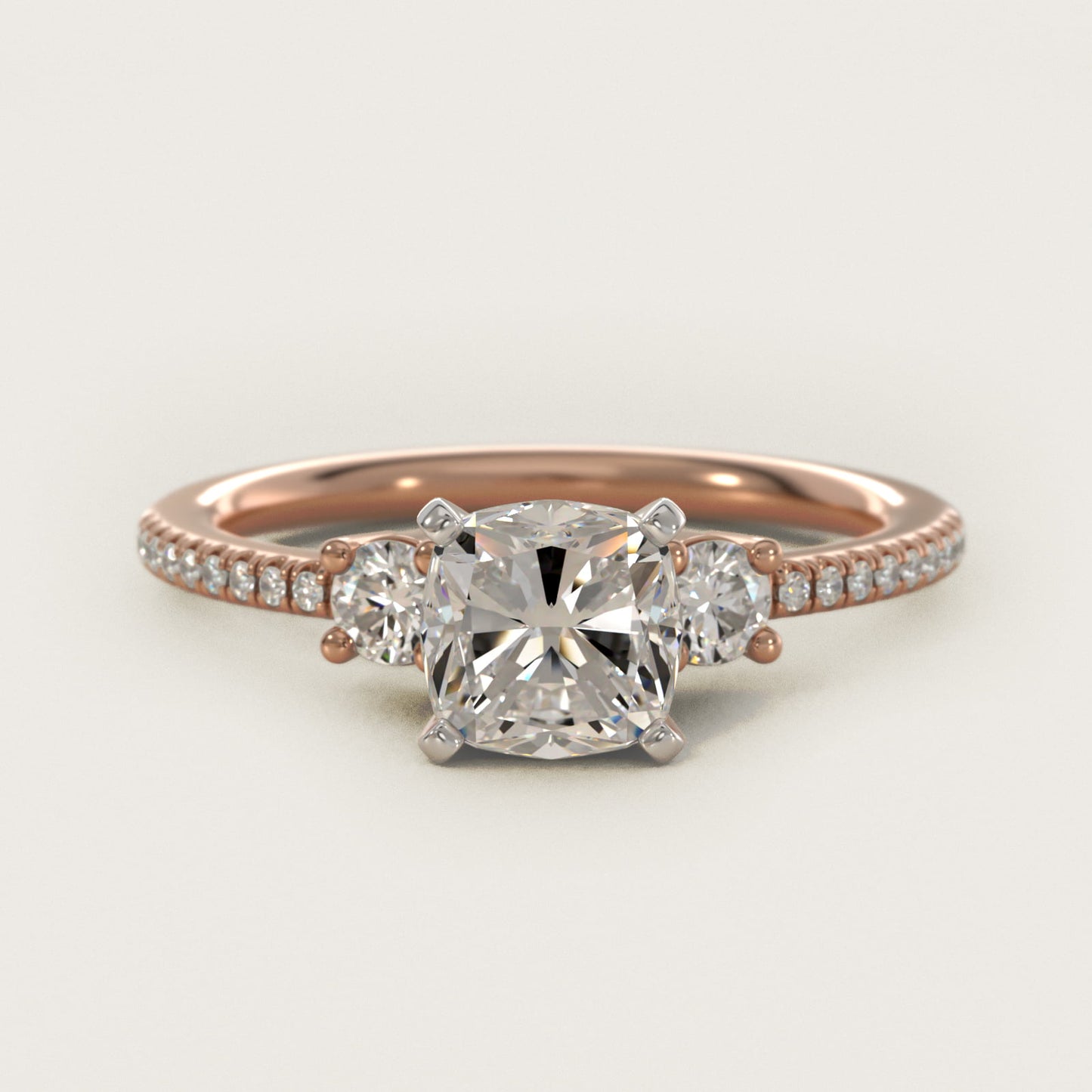 Petite MicropavŽ Trio Diamond Engagement Ring in 14k Rose Gold (1/5 ct. tw.) - Cushion Center