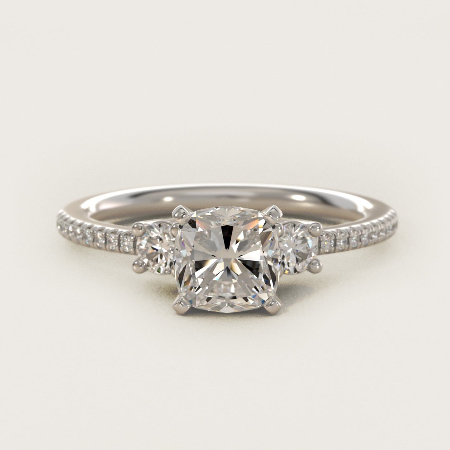 Petite Micropav? Trio Diamond Engagement Ring in Platinum (1/5 ct. tw.) - Cushion Center