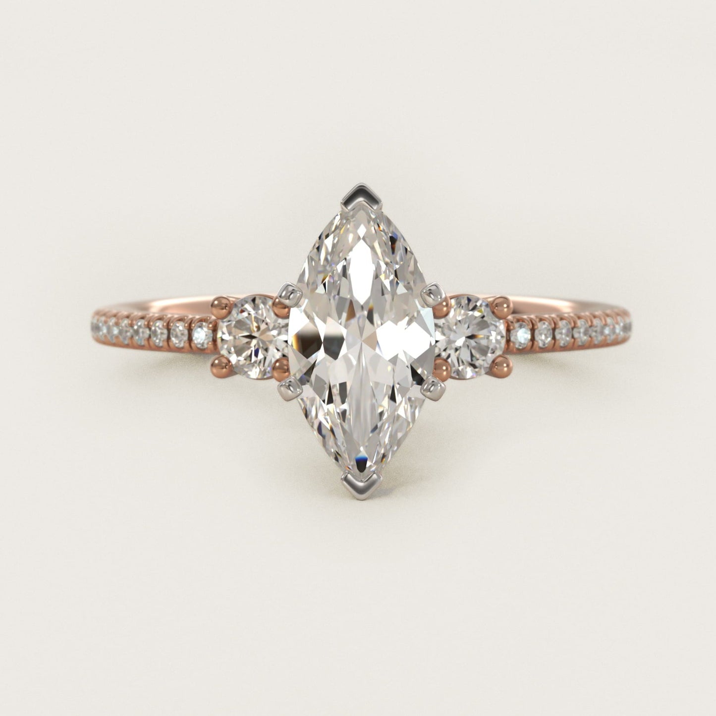 Petite Micropav? Trio Diamond Engagement Ring in 18k Rose Gold (1/5 ct. tw.) - Marquise Center