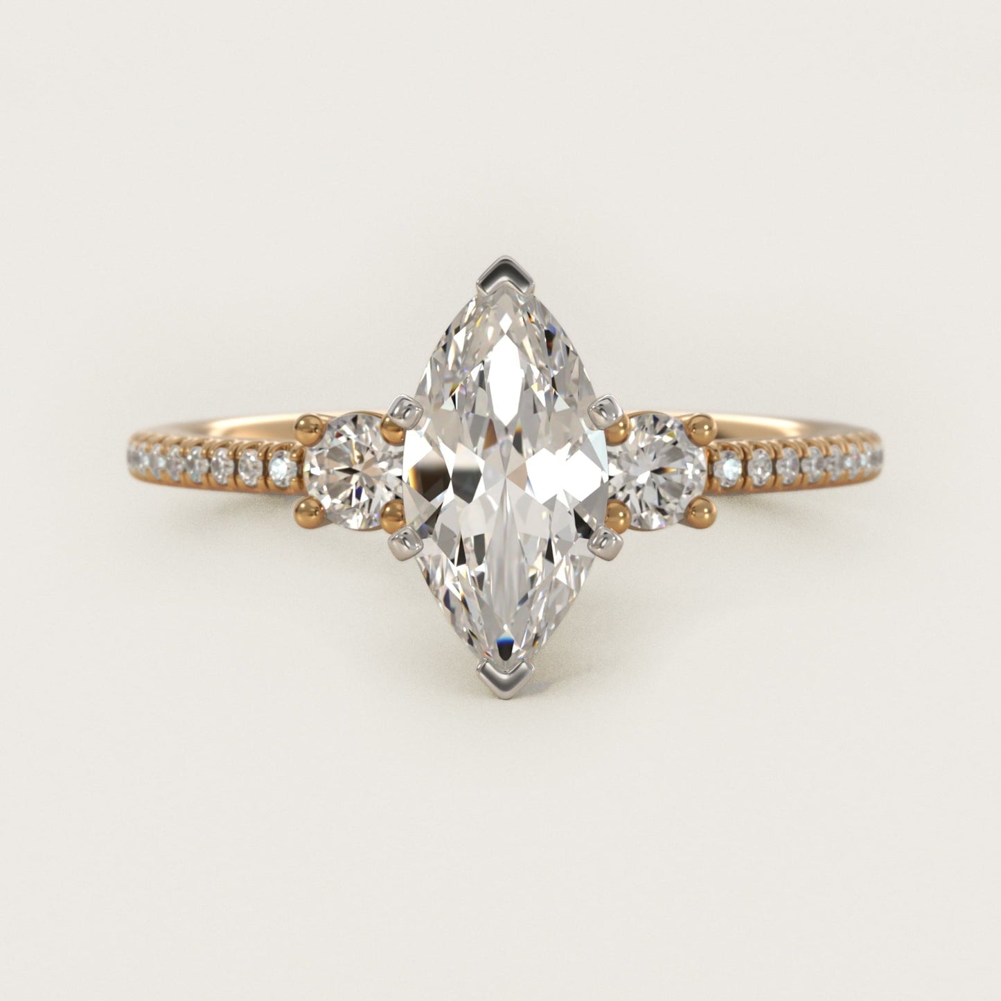 Petite Micropav? Trio Diamond Engagement Ring in 18k Yellow Gold (1/5 ct. tw.) - Marquise Center