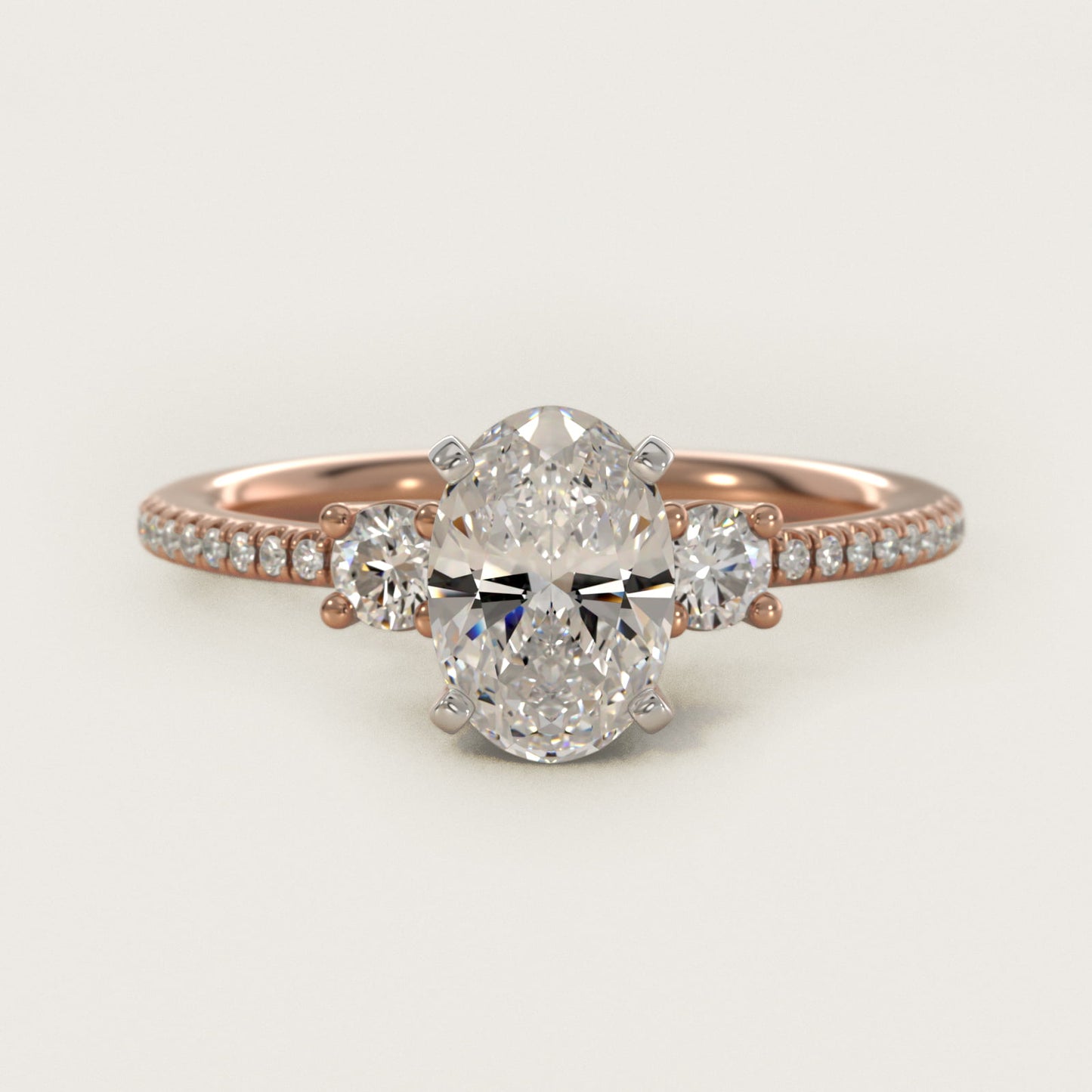 Petite MicropavŽ Trio Diamond Engagement Ring in 14k Rose Gold (1/5 ct. tw.) - Oval Center