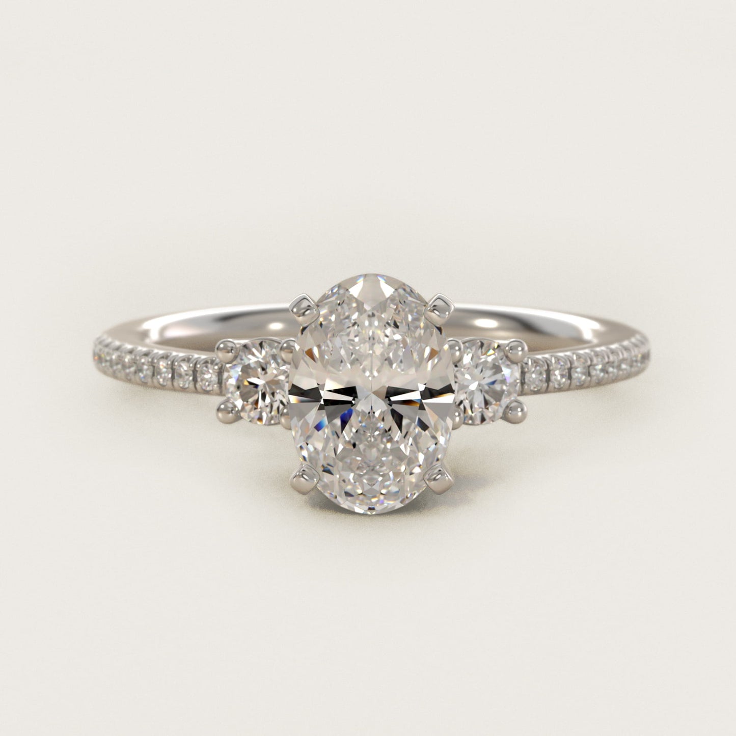 Petite MicropavŽ Trio Diamond Engagement Ring in 14k White Gold (1/5 ct. tw.) - Oval Center