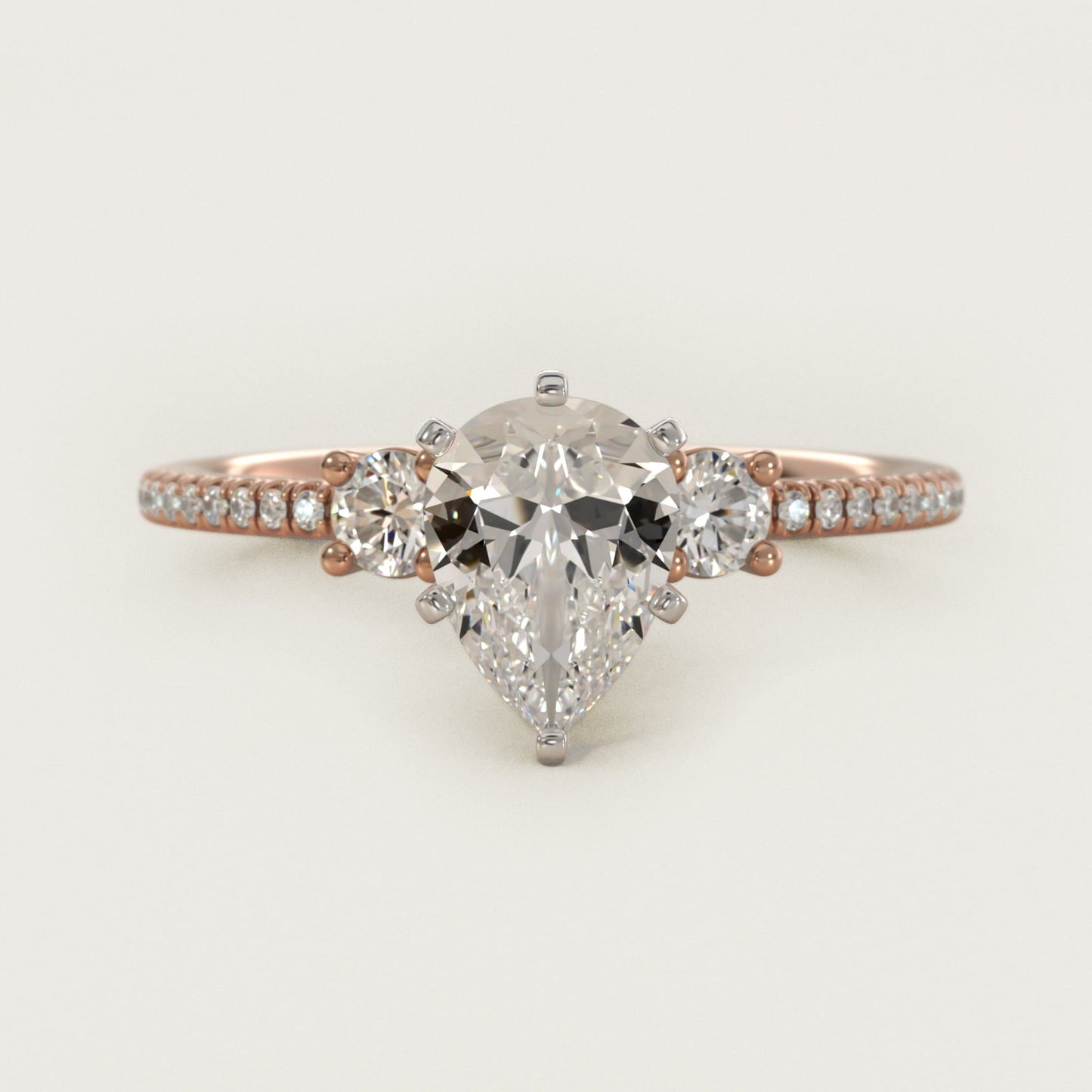 Petite Micropav? Trio Diamond Engagement Ring in 18k Rose Gold (1/5 ct. tw.) - Pear Center