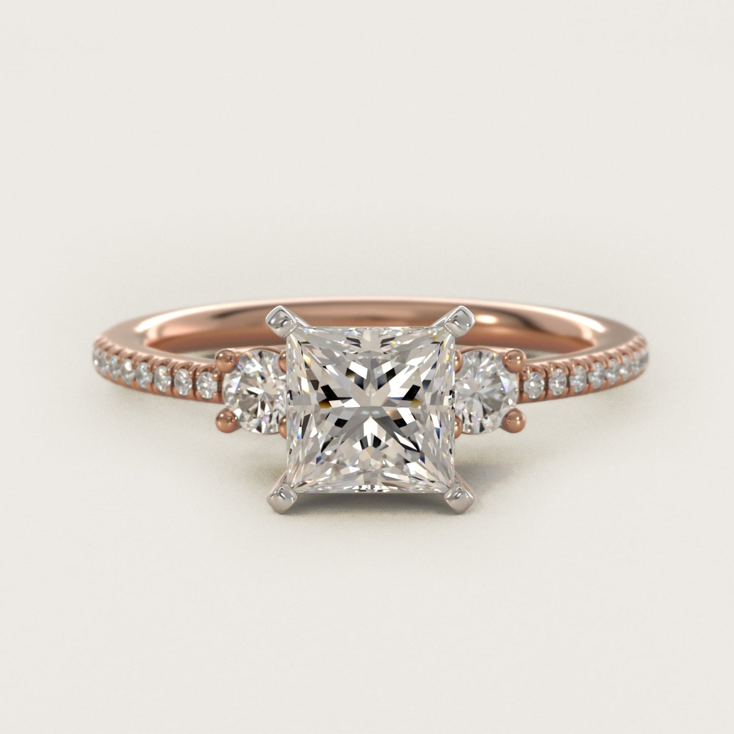 Petite MicropavŽ Trio Diamond Engagement Ring in 14k Rose Gold (1/5 ct. tw.) - Princess Center