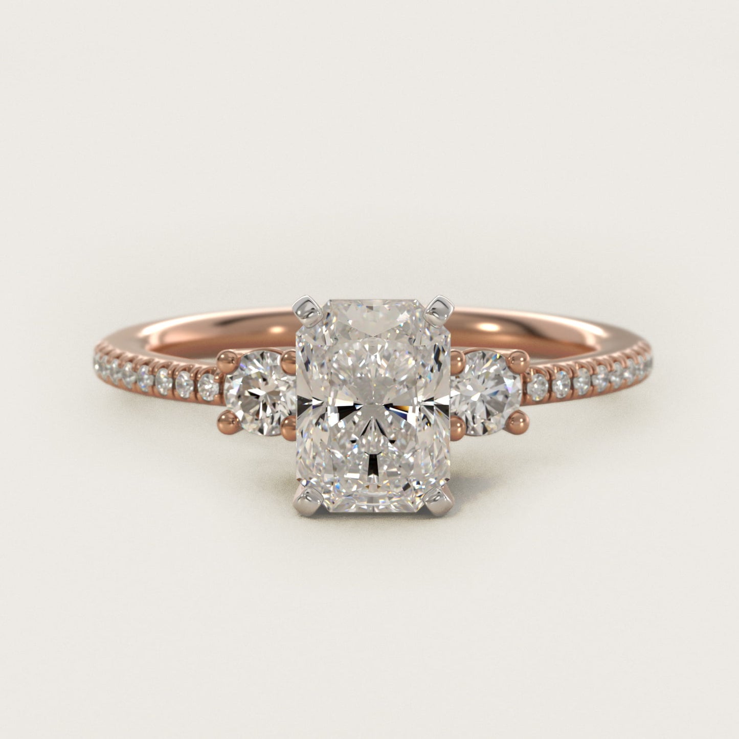 Petite MicropavŽ Trio Diamond Engagement Ring in 14k Rose Gold (1/5 ct. tw.) - Radiant Center