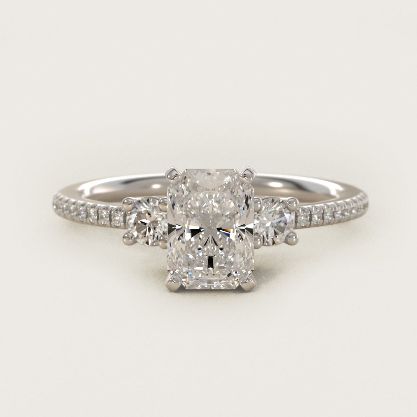 Petite MicropavŽ Trio Diamond Engagement Ring in 14k White Gold (1/5 ct. tw.) - Radiant Center