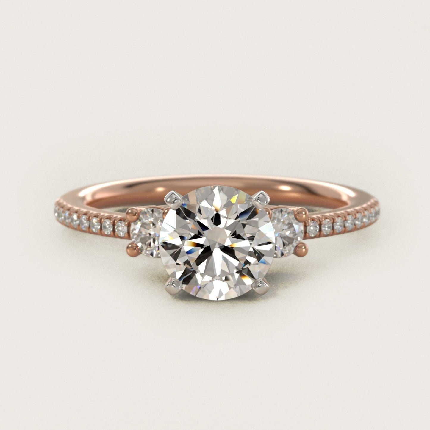 Petite Micropav? Trio Diamond Engagement Ring in 18k Rose Gold (1/5 ct. tw.) - Round Center