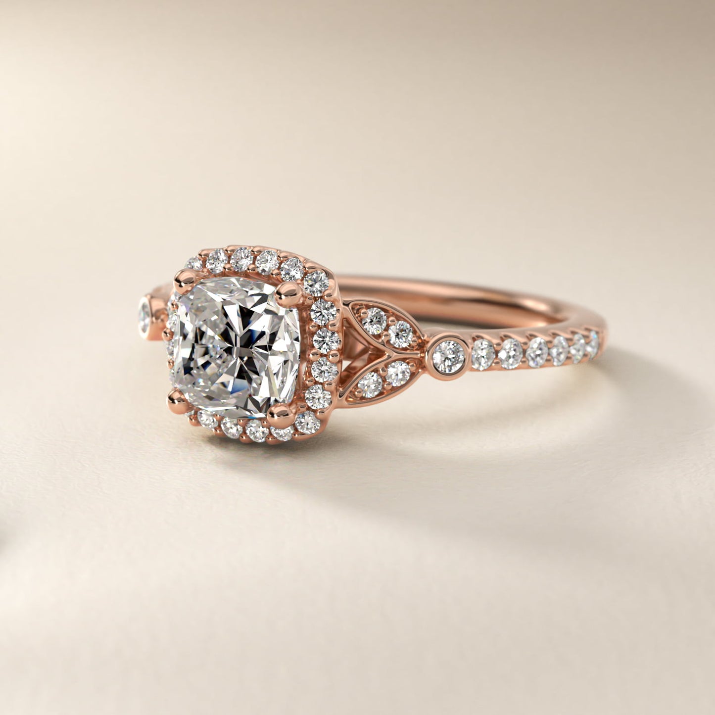 Petite Pav? Leaf Halo Diamond Engagement Ring in 18k Rose Gold (1/4 ct. tw.) - Cushion Center