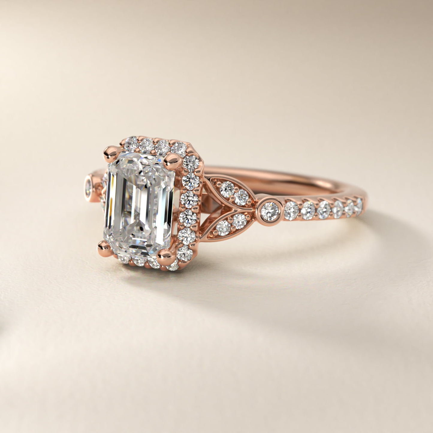 Petite Pav? Leaf Halo Diamond Engagement Ring in 18k Rose Gold (1/4 ct. tw.) - Emerald Center