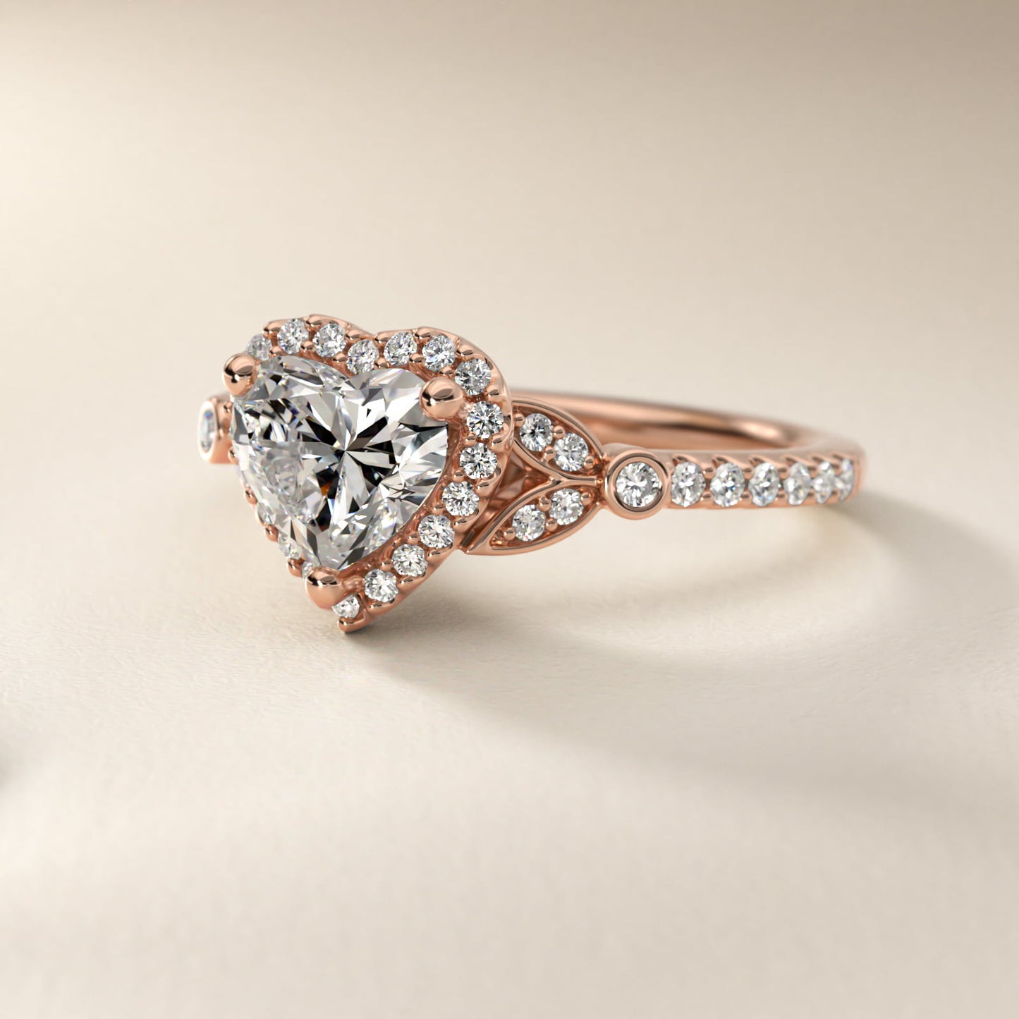 Petite PavŽ Leaf Halo Diamond Engagement Ring in 14k Rose Gold (1/4 ct. tw.) - Heart Center