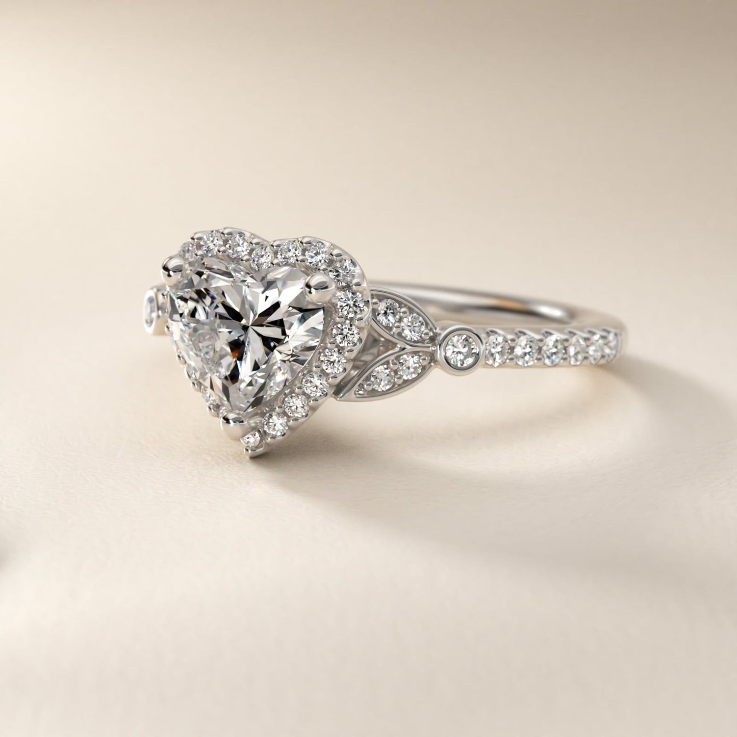 Petite PavŽ Leaf Halo Diamond Engagement Ring in 14k White Gold (1/4 ct. tw.) - Heart Center
