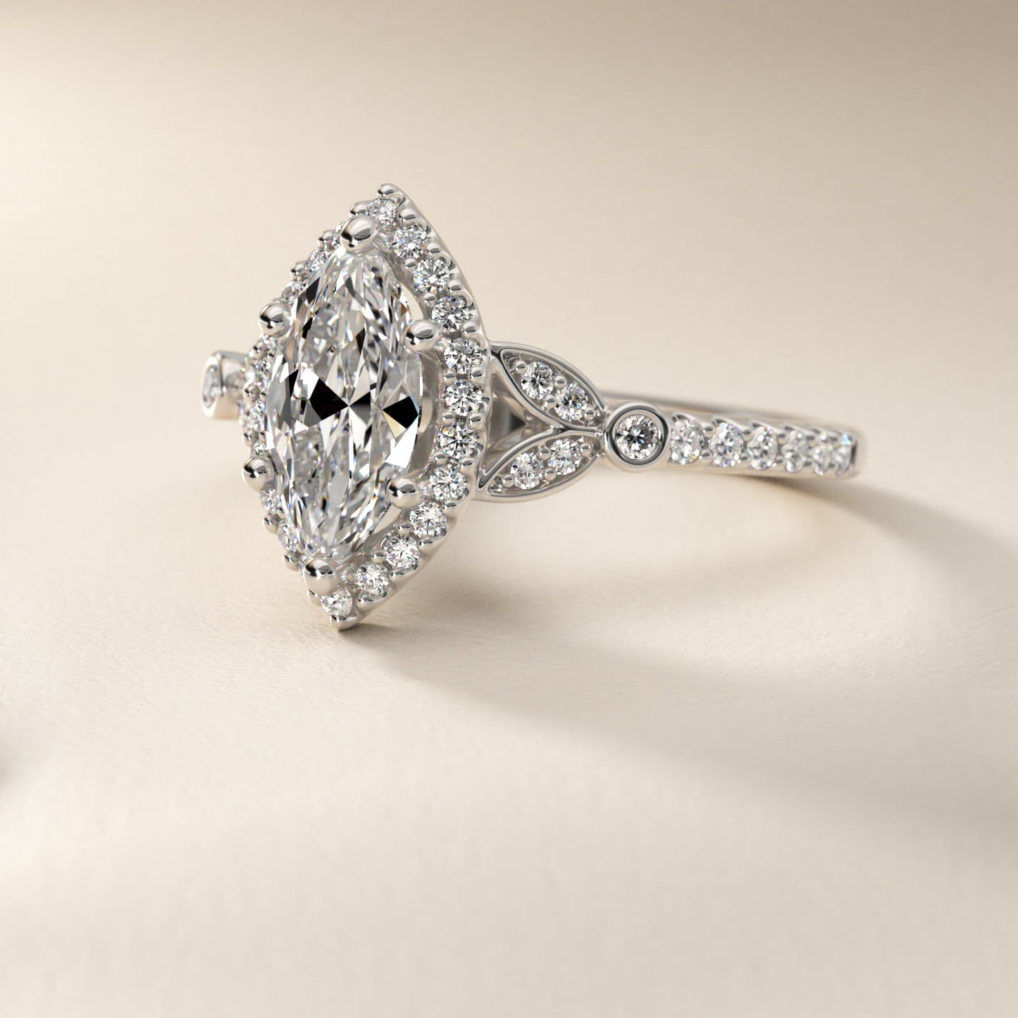 Petite PavŽ Leaf Halo Diamond Engagement Ring in 14k White Gold (1/4 ct. tw.) - Marquise Center
