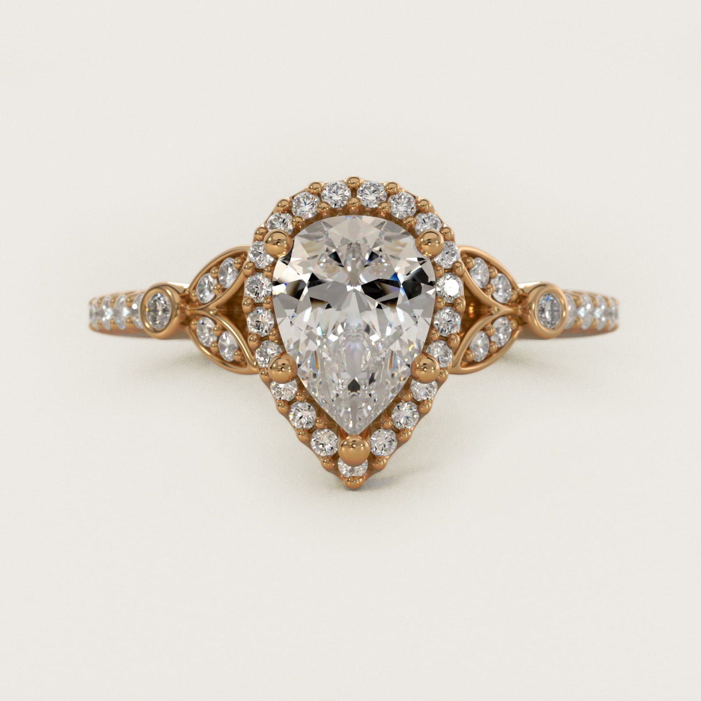 Petite Pav? Leaf Halo Diamond Engagement Ring in 18k Yellow Gold (1/4 ct. tw.) - Pear Center
