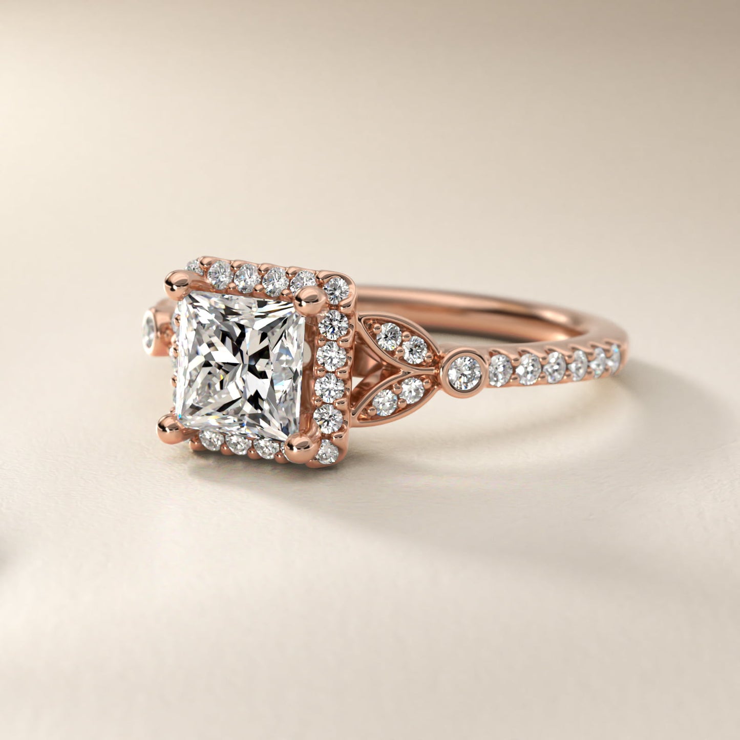 Petite PavŽ Leaf Halo Diamond Engagement Ring in 14k Rose Gold (1/4 ct. tw.) - Princess Center