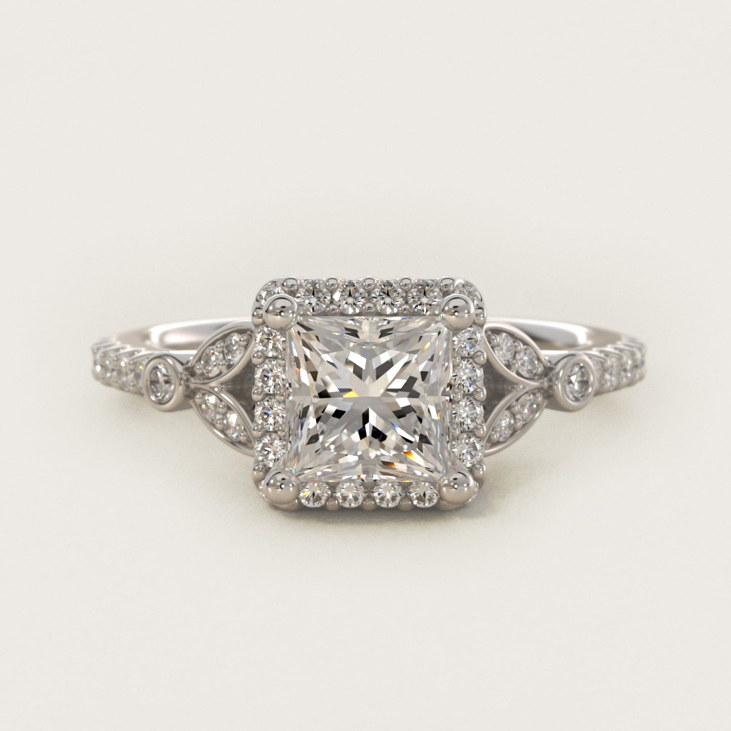 Petite Pav? Leaf Halo Diamond Engagement Ring in Platinum (1/4 ct. tw.) - Princess Center