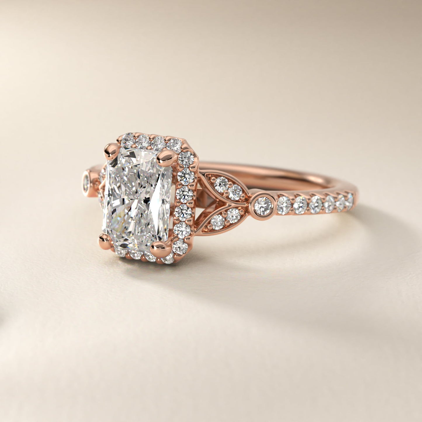 Petite PavŽ Leaf Halo Diamond Engagement Ring in 14k Rose Gold (1/4 ct. tw.) - Radiant Center