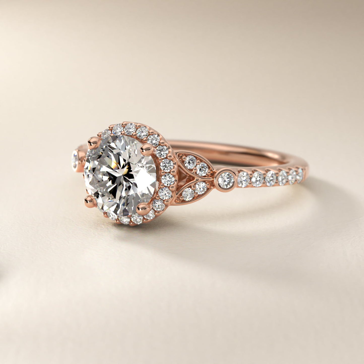 Petite PavŽ Leaf Halo Diamond Engagement Ring in 14k Rose Gold (1/4 ct. tw.) - Round Center