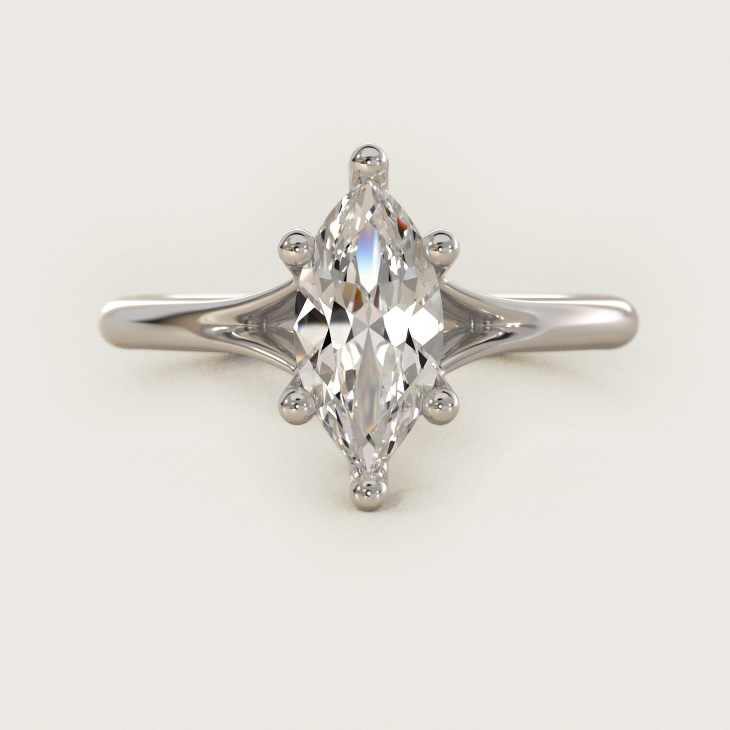 Petite Split Shank Solitaire in 18k White Gold - Marquise Center