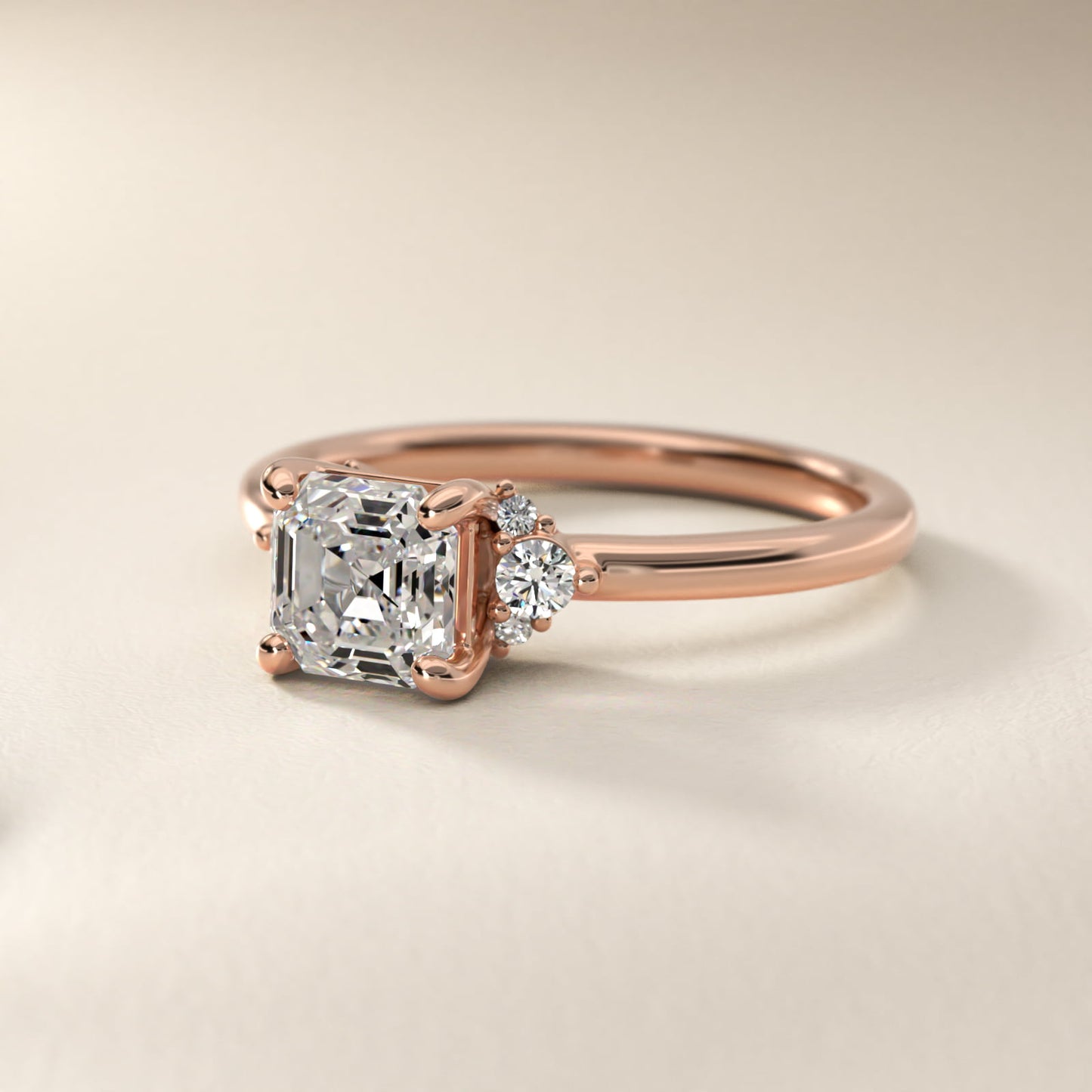 Petite Three Diamond Engagement Ring in 18k Rose Gold (1/10 ct. tw.) - Asscher Center