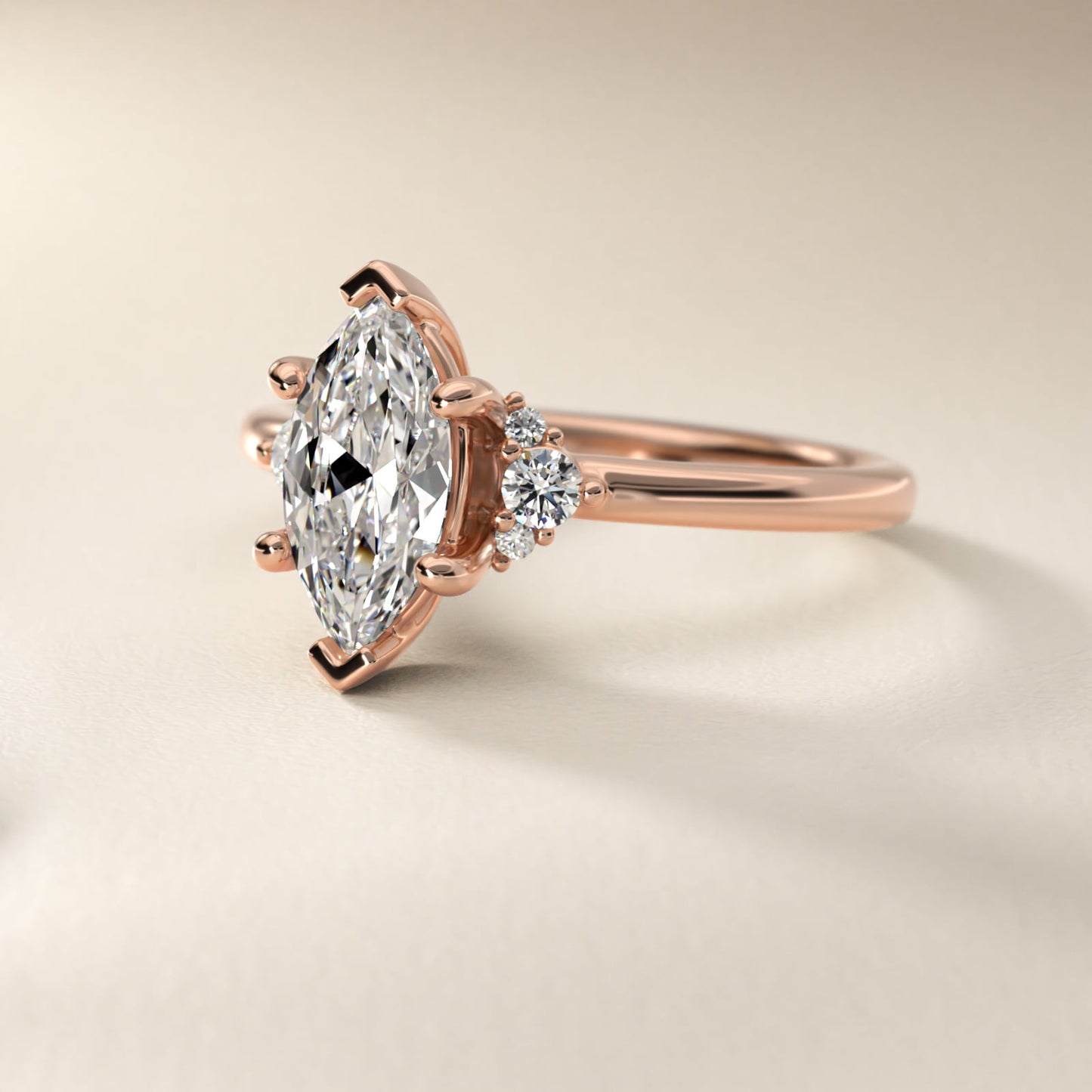 Petite Three Diamond Engagement Ring in 18k Rose Gold (1/10 ct. tw.) - Marquise Center