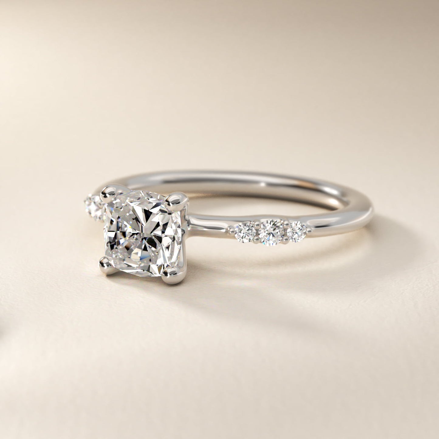 Petite Three Round Diamond Accents Side Stone Engagement Ring In 14K White Gold By James Allen - Cushion Center