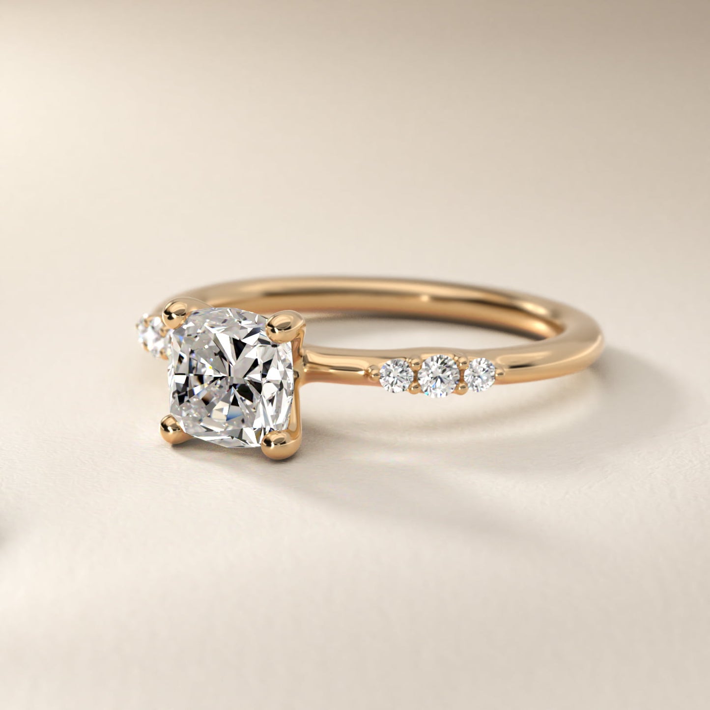 Petite Three Round Diamond Accents Side Stone Engagement Ring In 14K Yellow Gold By James Allen - Cushion Center