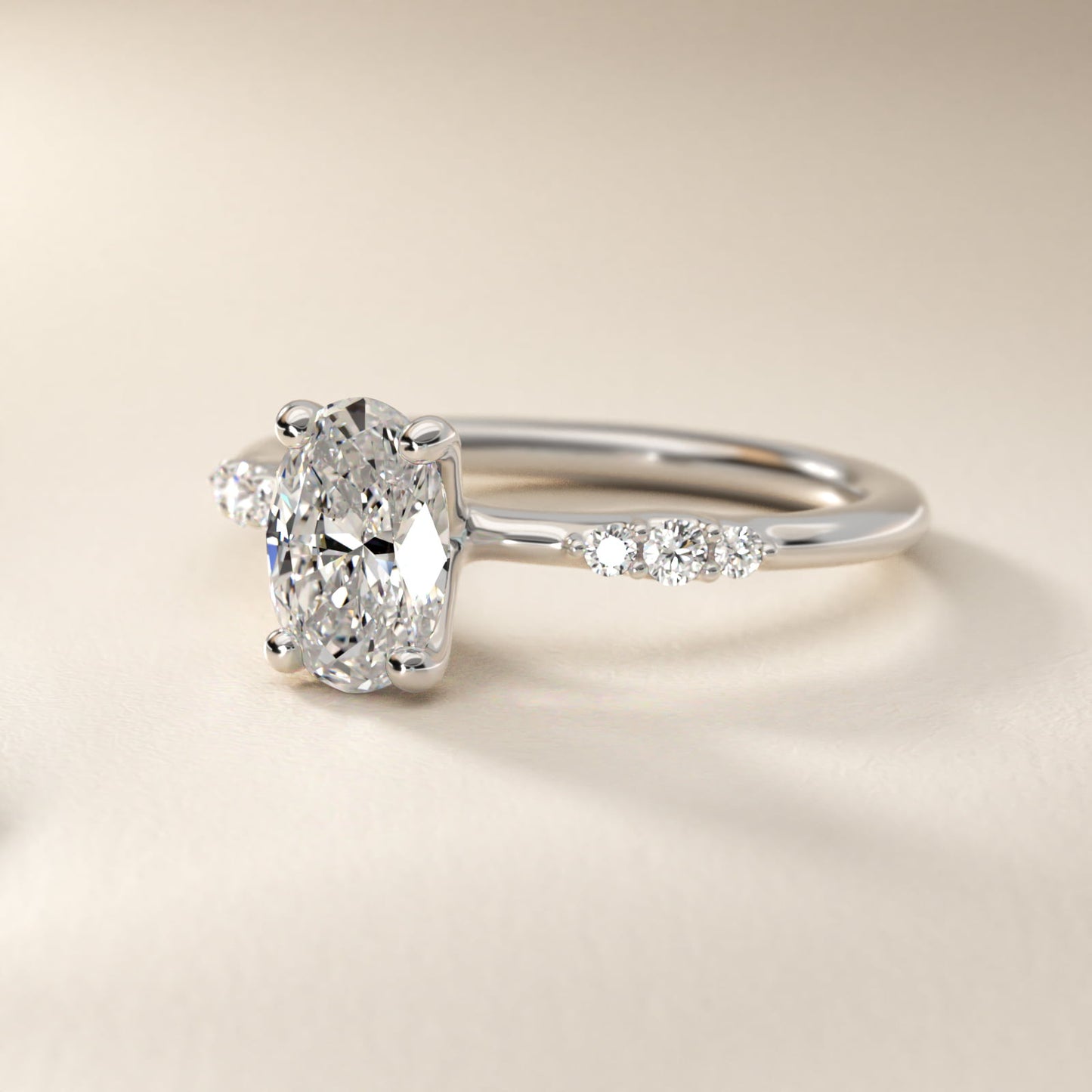 Petite Three Round Diamond Accents Side Stone Engagement Ring In 18k White Gold By James Allen - Oval Center