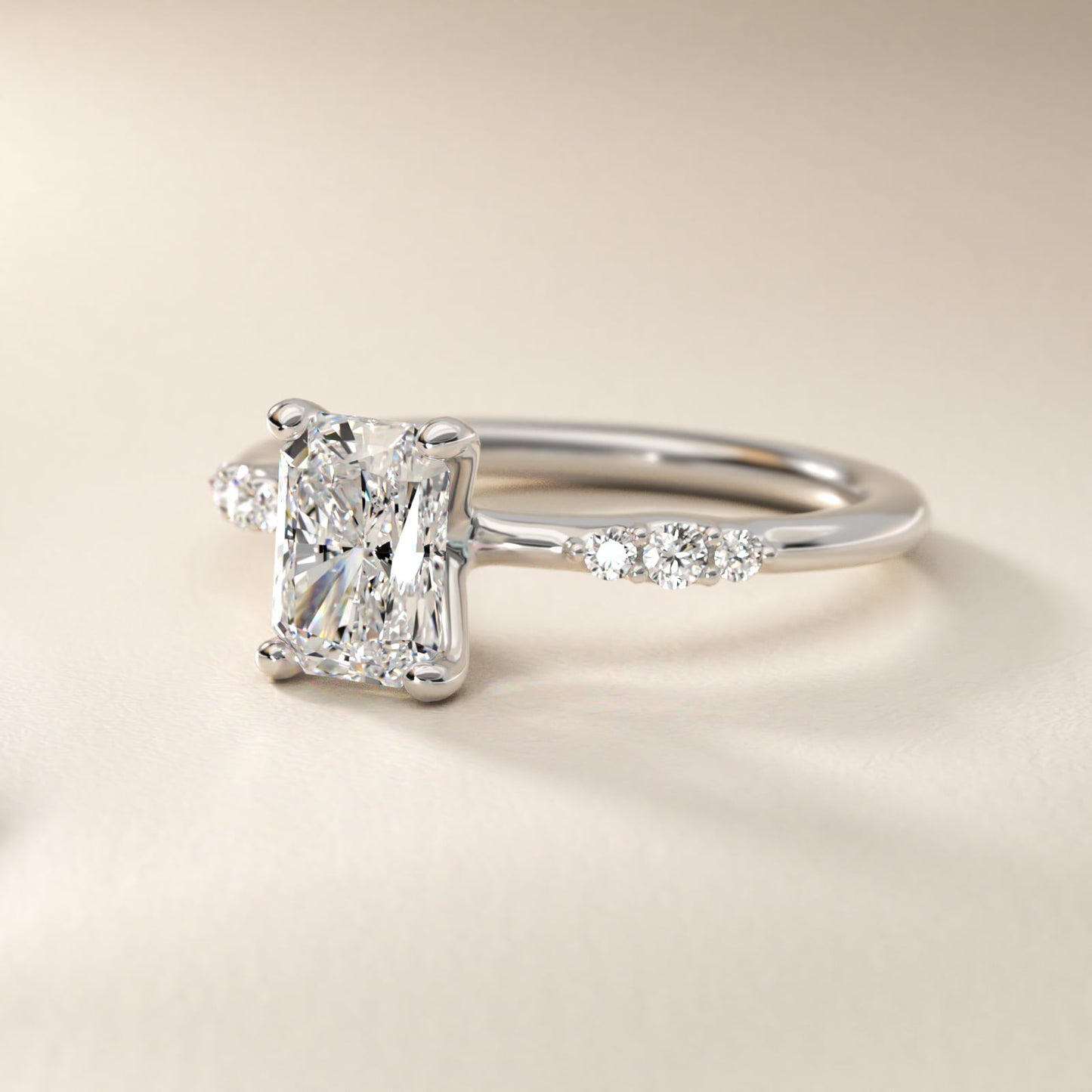 Petite Three Round Diamond Accents Side Stone Engagement Ring In 14K White Gold By James Allen - Radiant Center