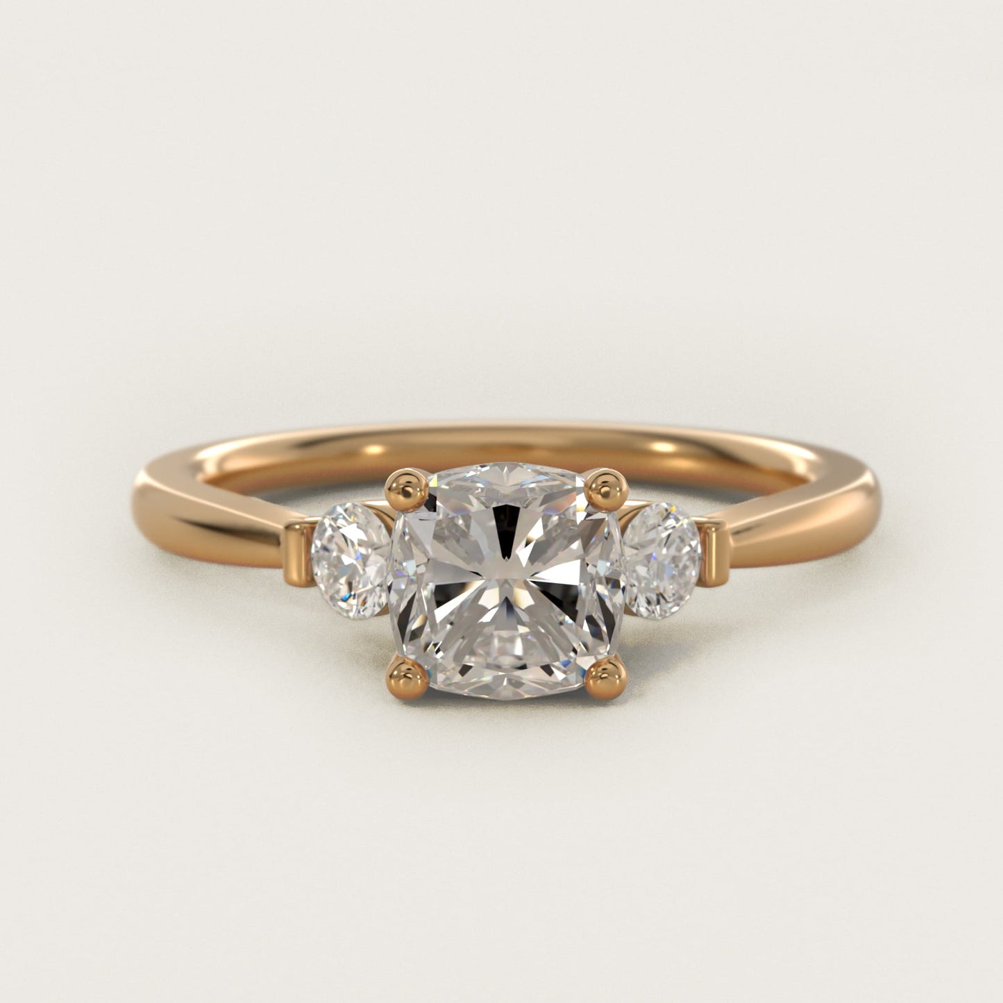 Petite Three-Stone Diamond Engagement Ring in 14k Yellow Gold - Cushion Center