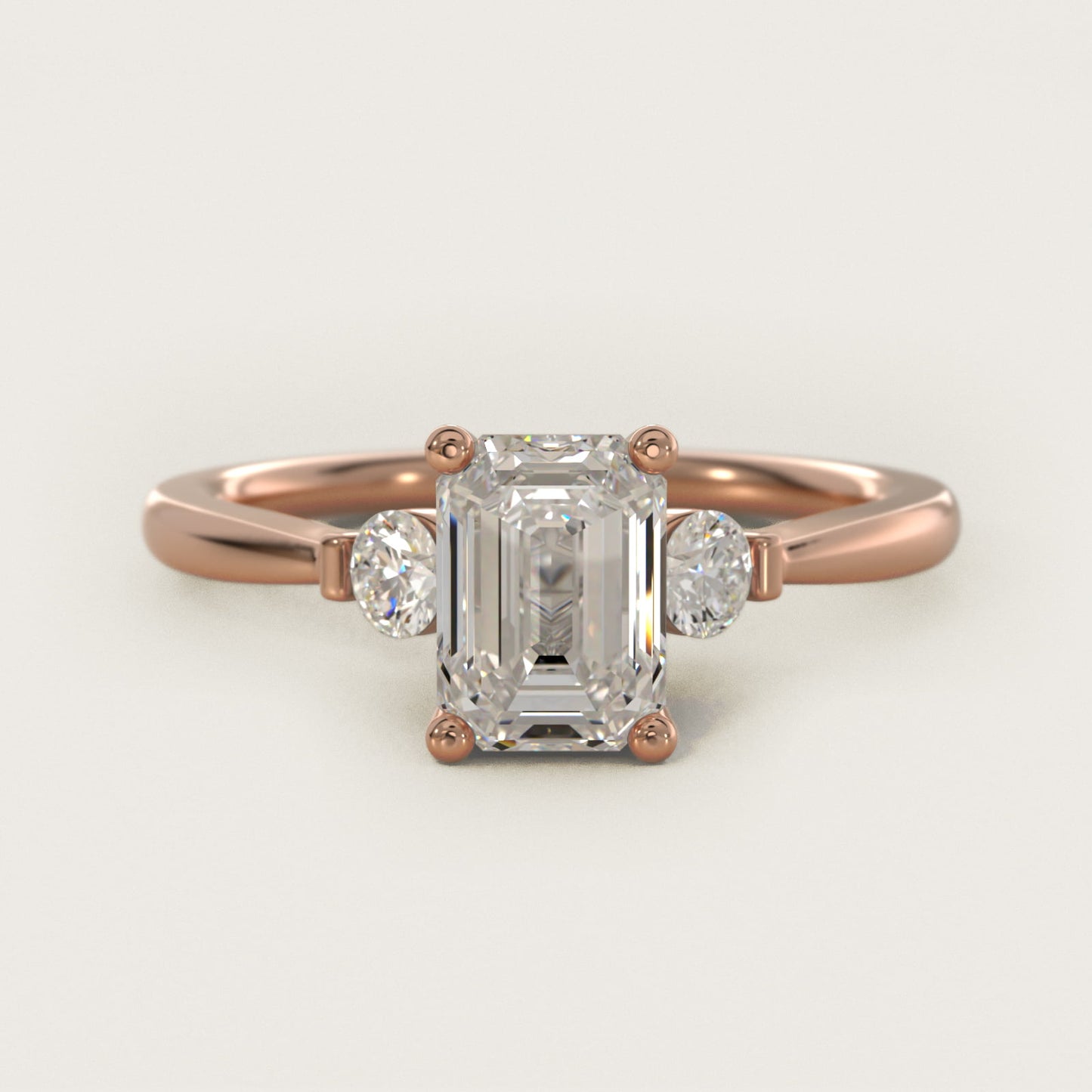 Petite Three-Stone Diamond Engagement Ring in 18k Rose Gold - Emerald Center