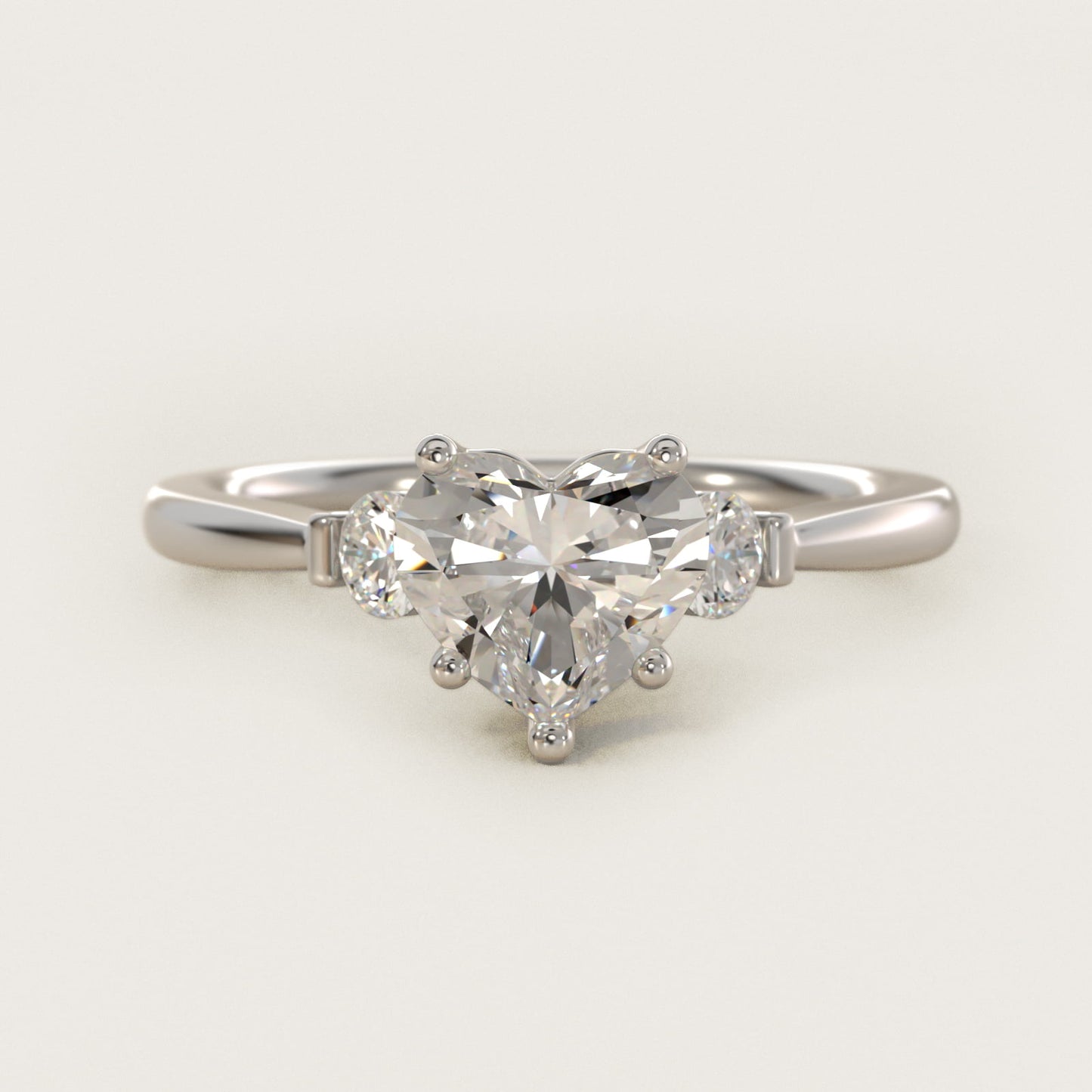 Petite Three-Stone Diamond Engagement Ring in 18k White Gold - Heart Center