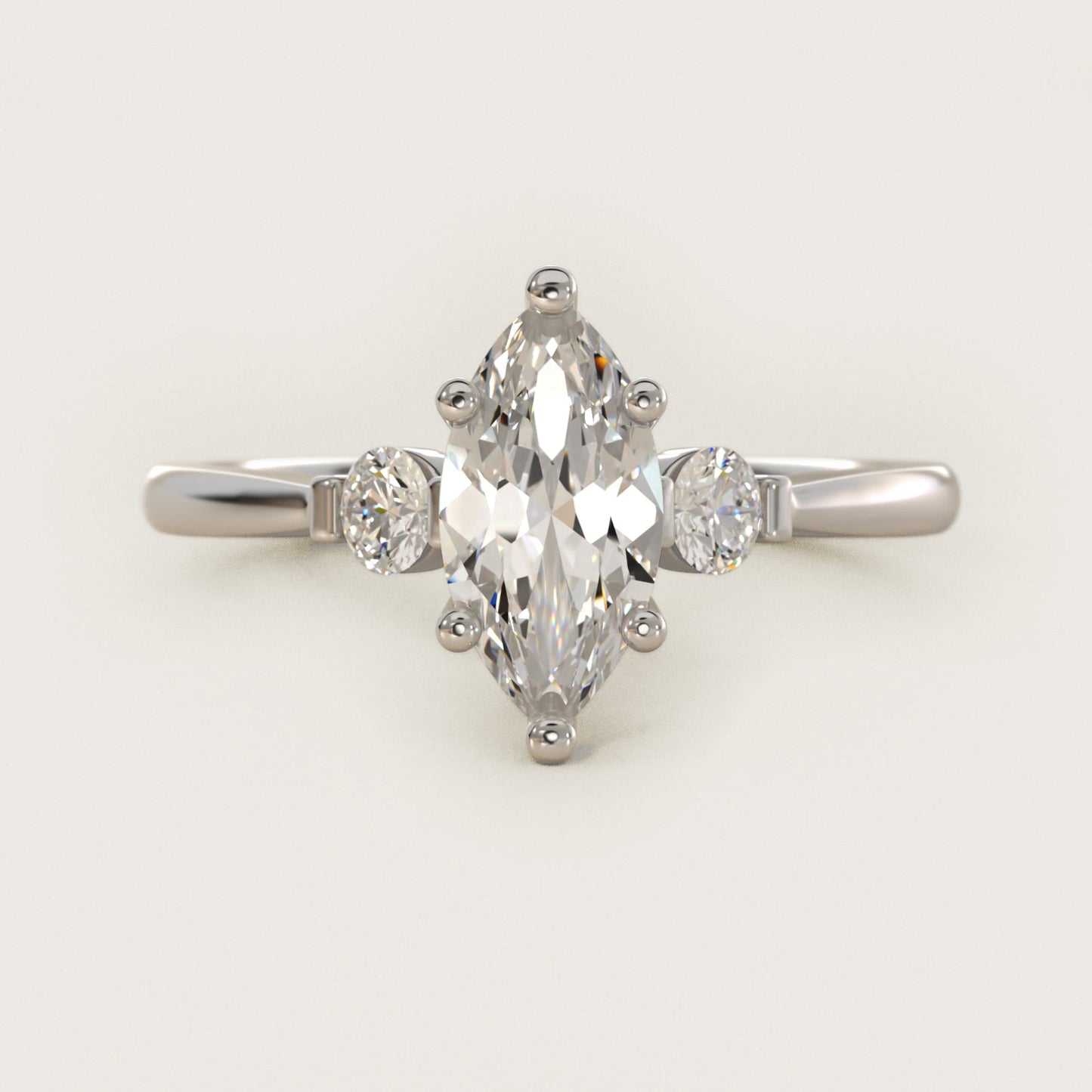 Petite Three-Stone Diamond Engagement Ring in 14k White Gold - Marquise Center