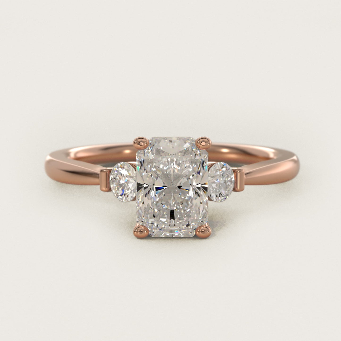 Petite Three-Stone Diamond Engagement Ring in 14k Rose Gold - Radiant Center