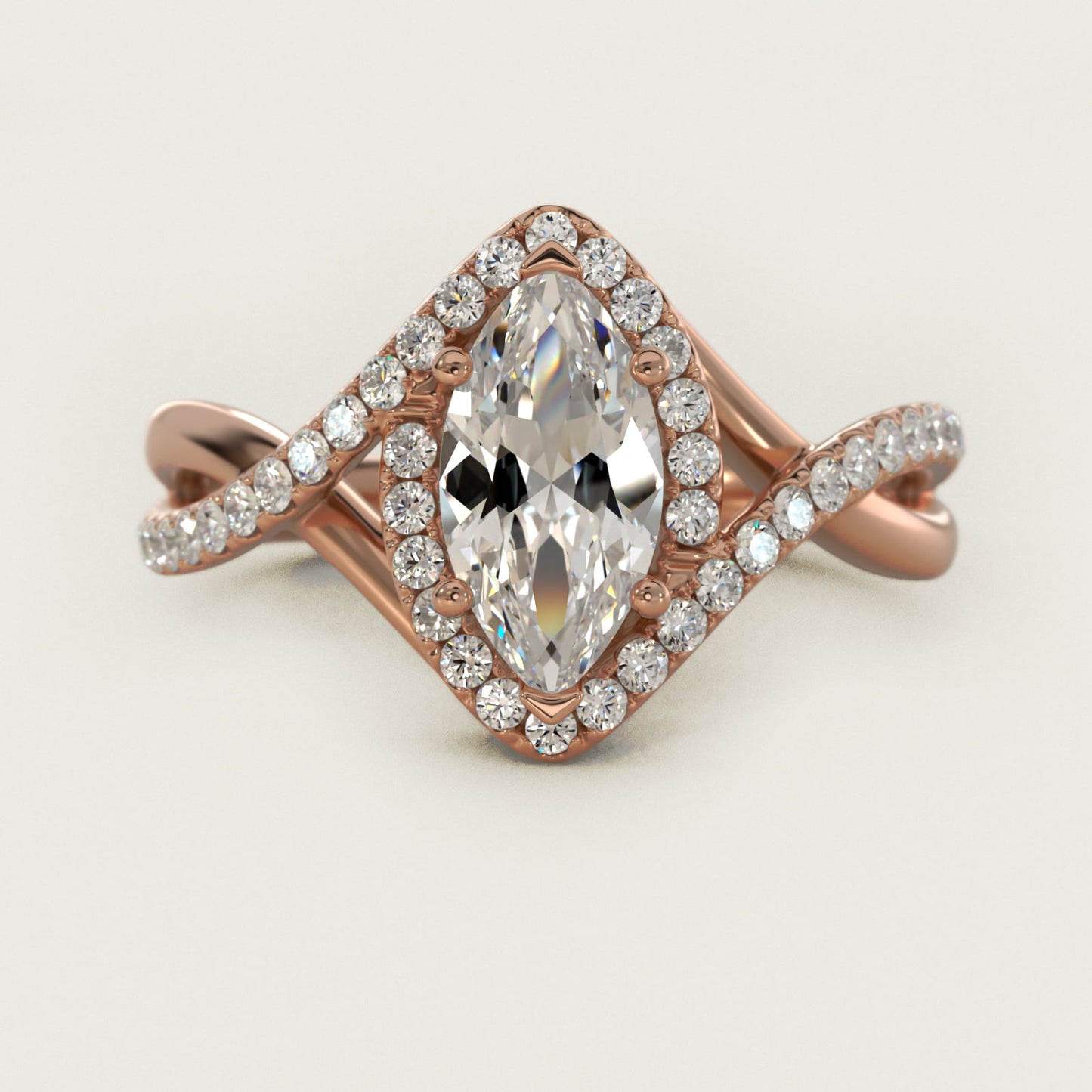 Petite Twisted Halo Diamond Engagement Ring in 18k Rose Gold (1/4 ct. tw.) - Marquise Center