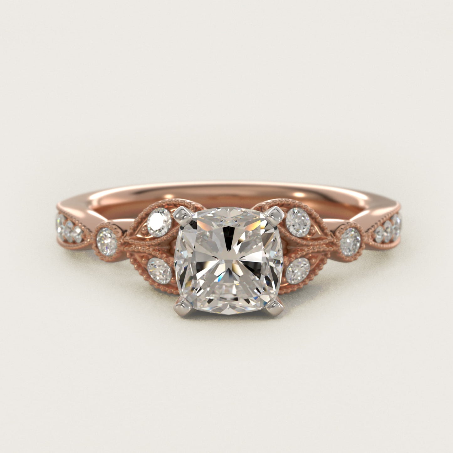 Petite Vintage PavŽ Leaf Diamond Engagement Ring in 14k Rose Gold (1/5 ct. tw.) - Cushion Center