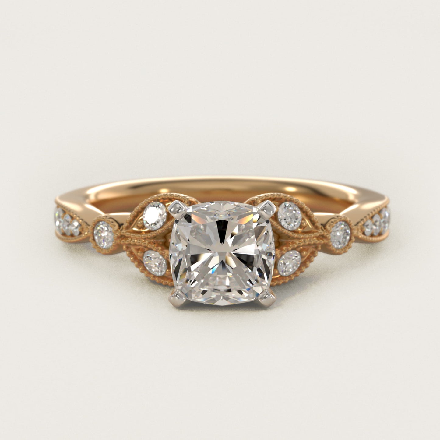 Petite Vintage PavŽ Leaf Diamond Engagement Ring in 18k Yellow Gold (1/5 ct. tw.) - Cushion Center