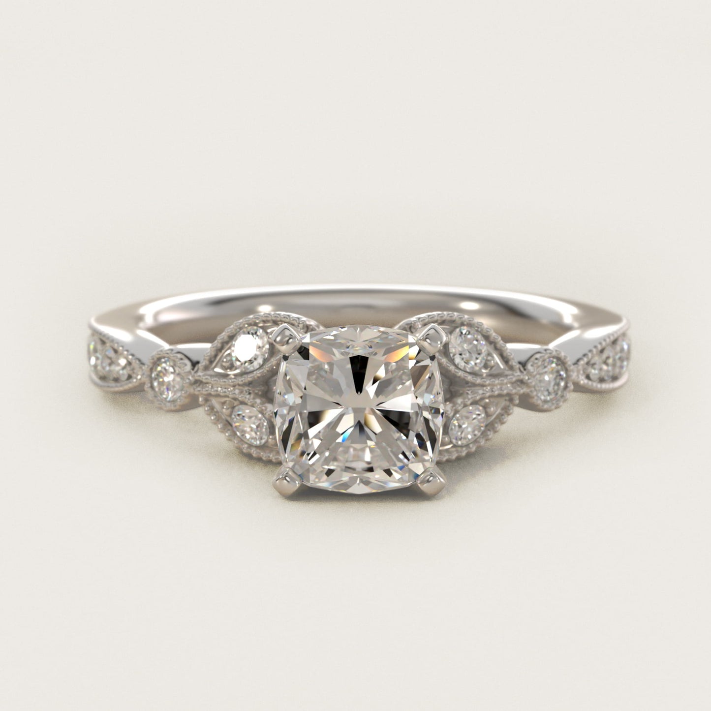 Petite Vintage PavŽ Leaf Diamond Engagement Ring in Platinum (1/5 ct. tw.) - Cushion Center