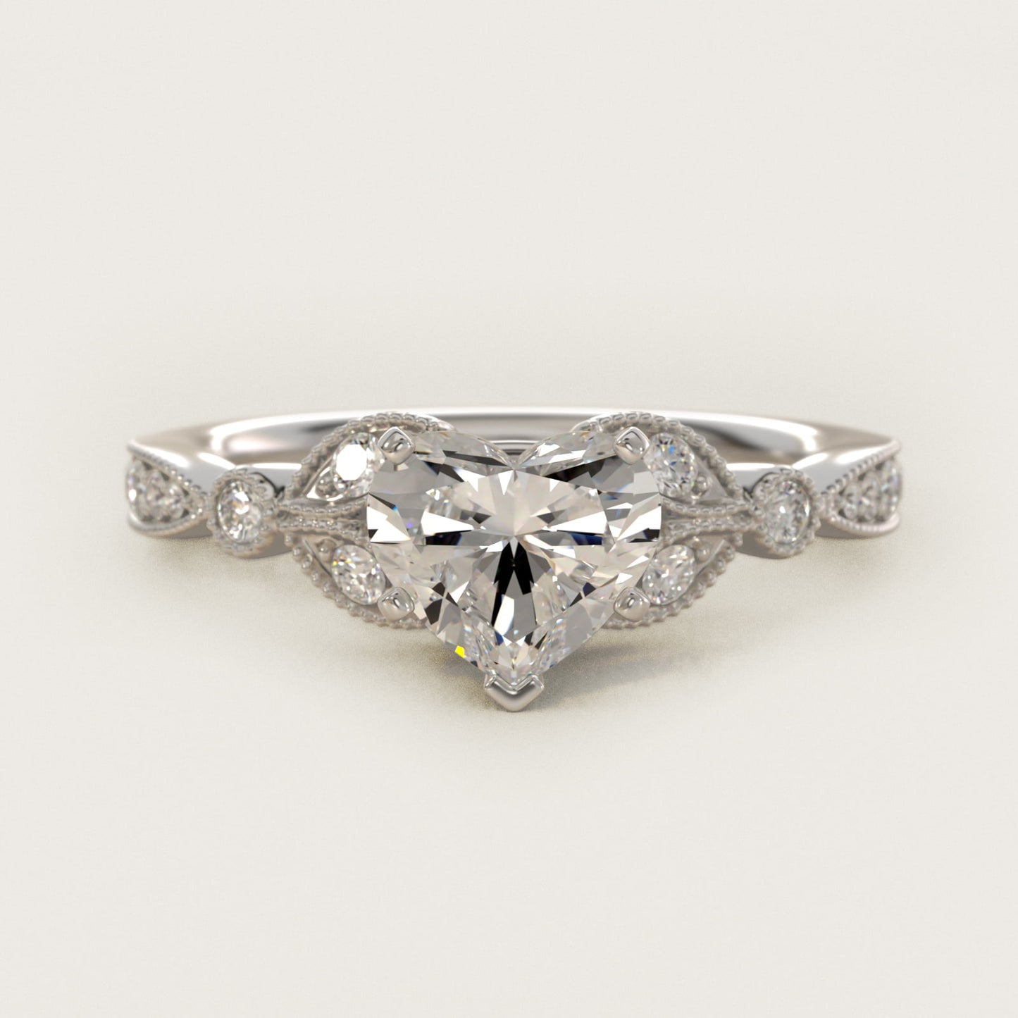 Petite Vintage PavŽ Leaf Diamond Engagement Ring in Platinum (1/5 ct. tw.) - Heart Center