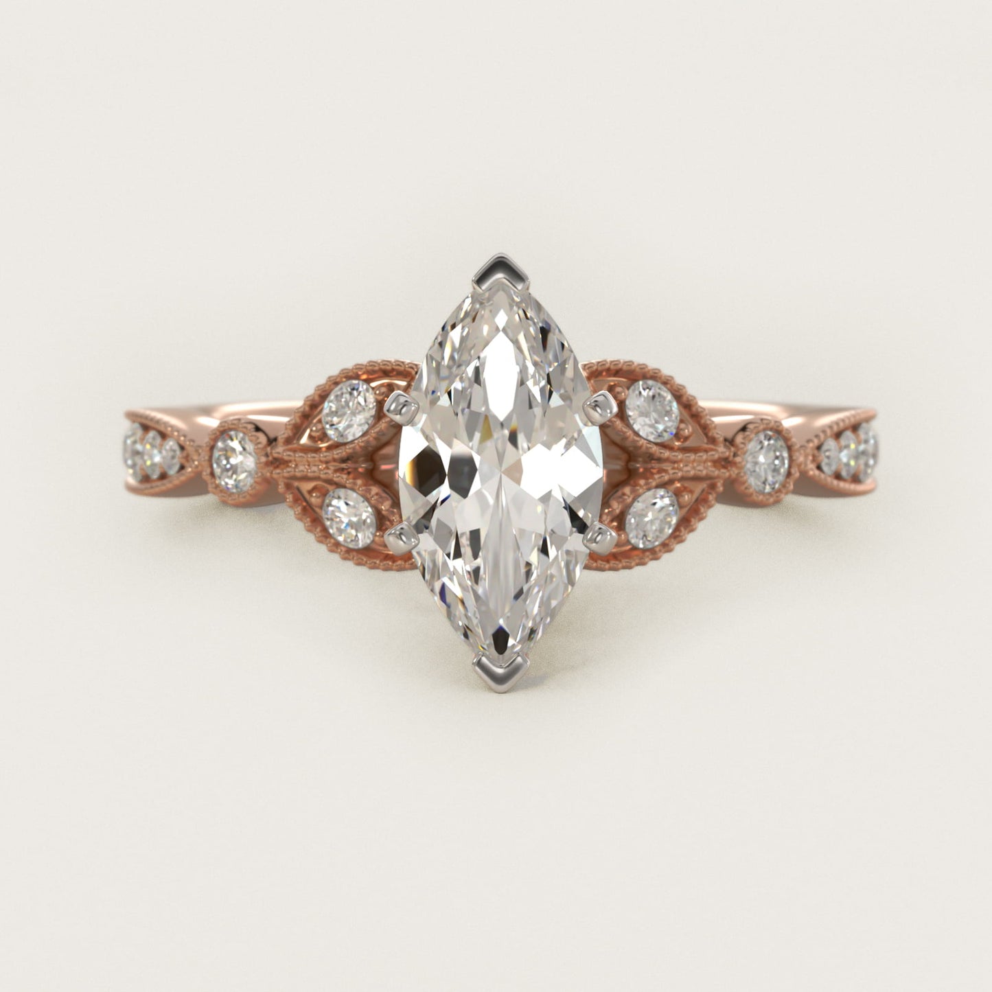 Petite Vintage PavŽ Leaf Diamond Engagement Ring in 14k Rose Gold (1/5 ct. tw.) - Marquise Center