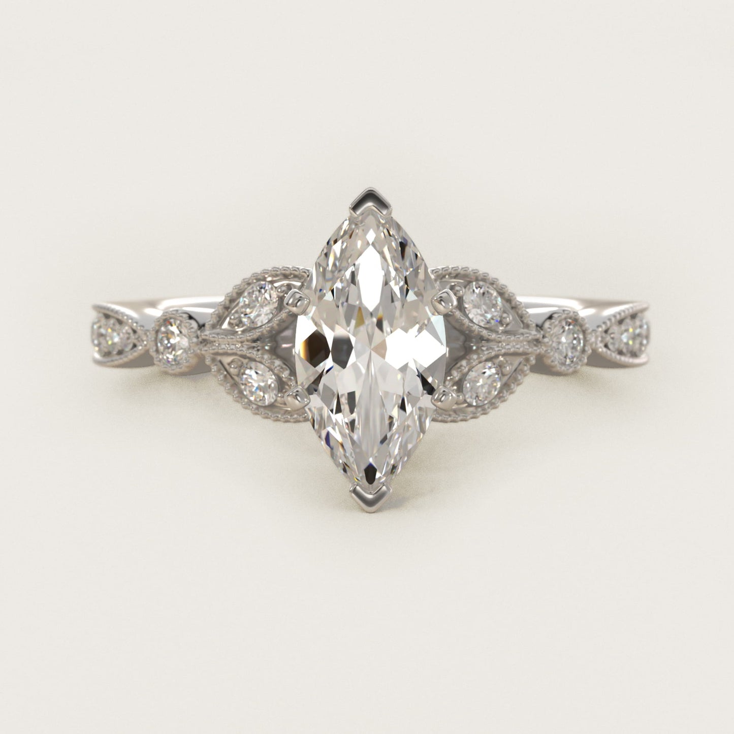 Petite Vintage PavŽ Leaf Diamond Engagement Ring in 14k White Gold (1/5 ct. tw.) - Marquise Center