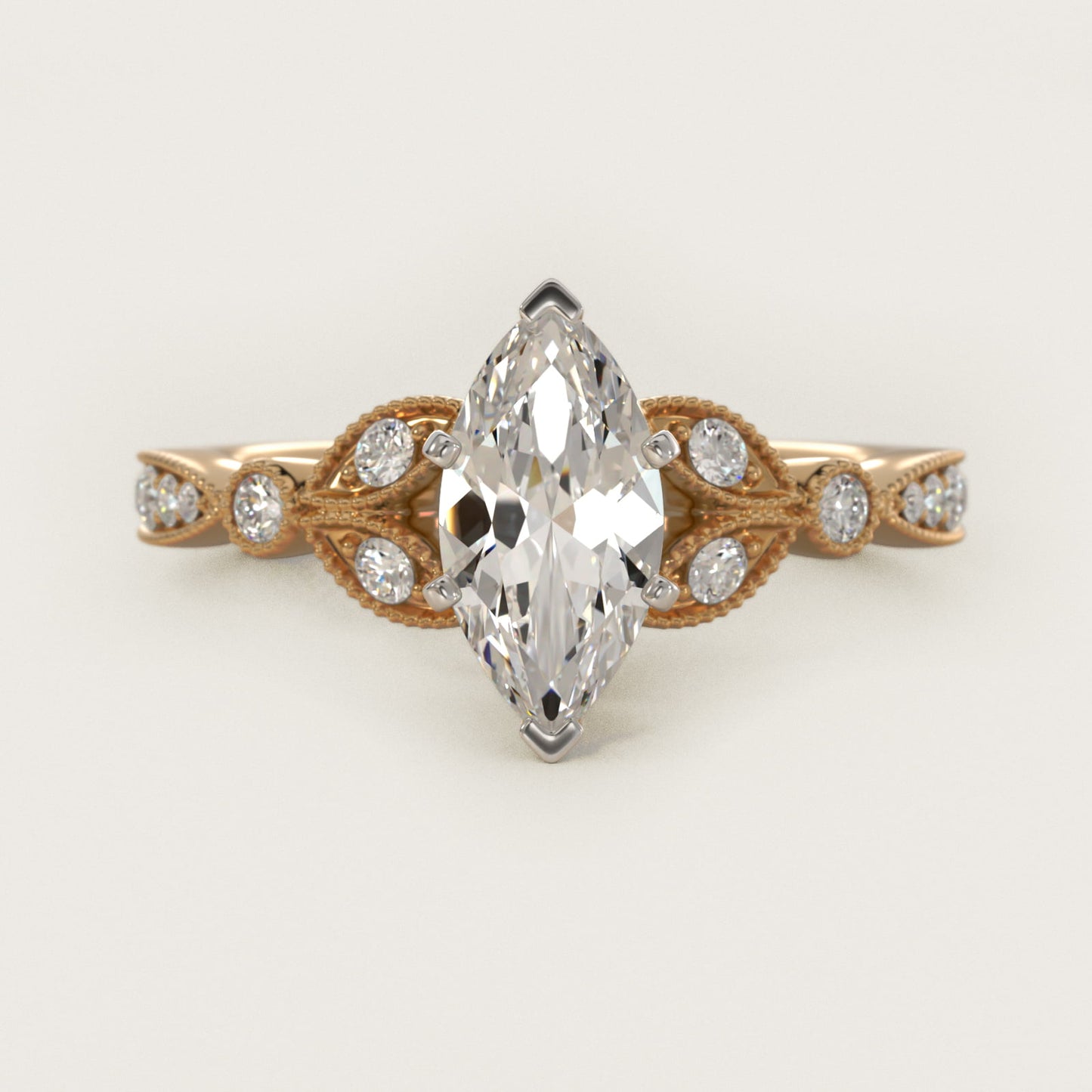 Petite Vintage PavŽ Leaf Diamond Engagement Ring in 14K Yellow Gold (1/5 ct. tw.) - Marquise Center