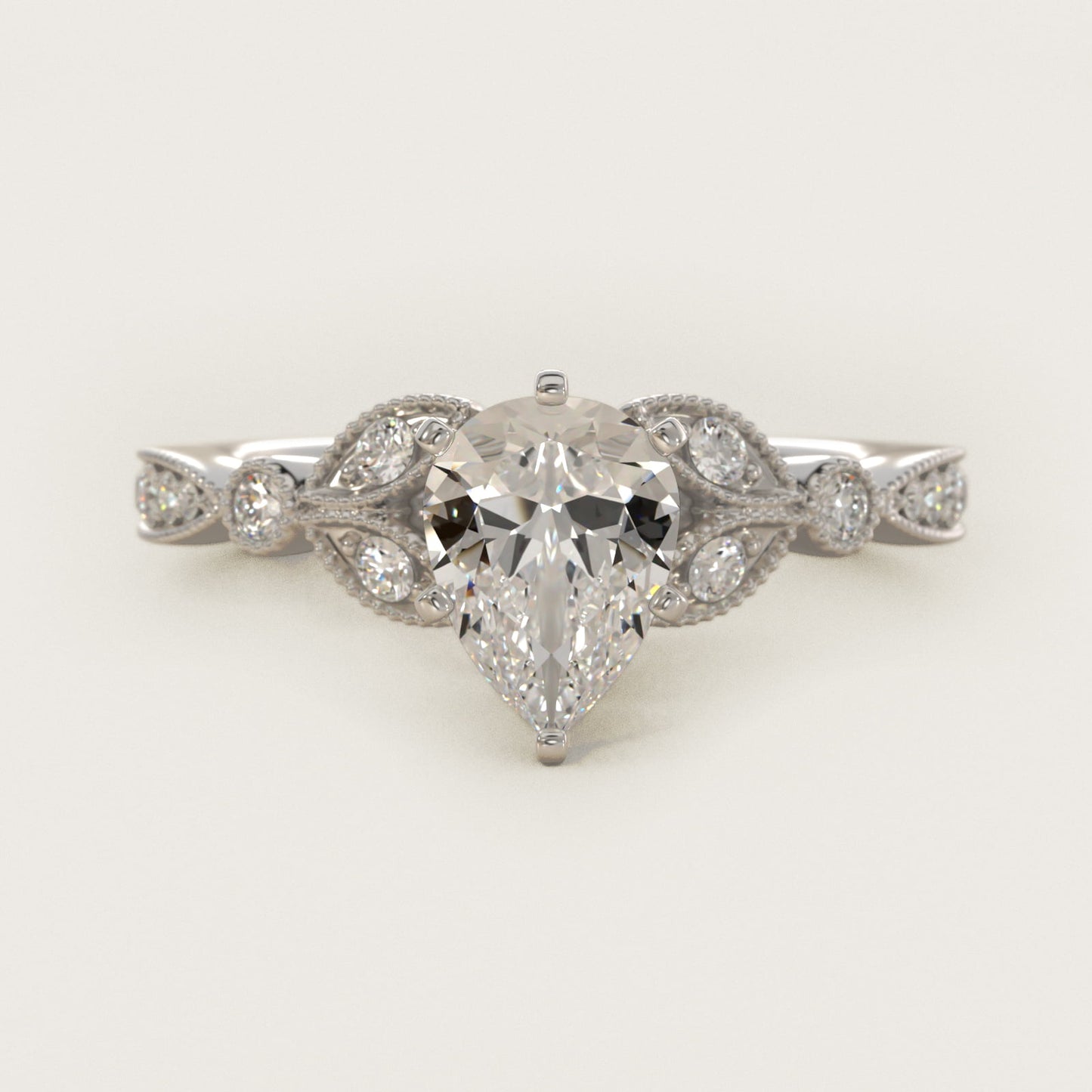 Petite Vintage PavŽ Leaf Diamond Engagement Ring in 14k White Gold (1/5 ct. tw.) - Pear Center