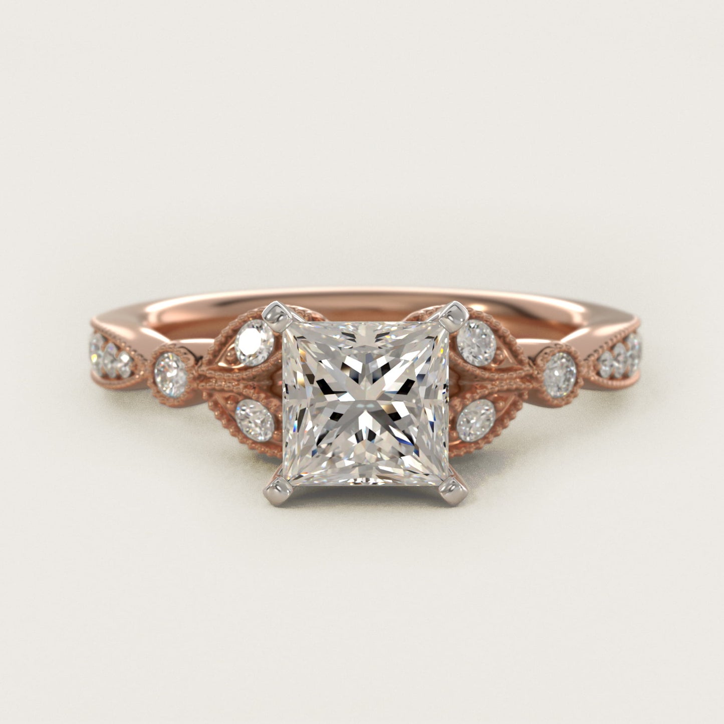 Petite Vintage PavŽ Leaf Diamond Engagement Ring in 14k Rose Gold (1/5 ct. tw.) - Princess Center