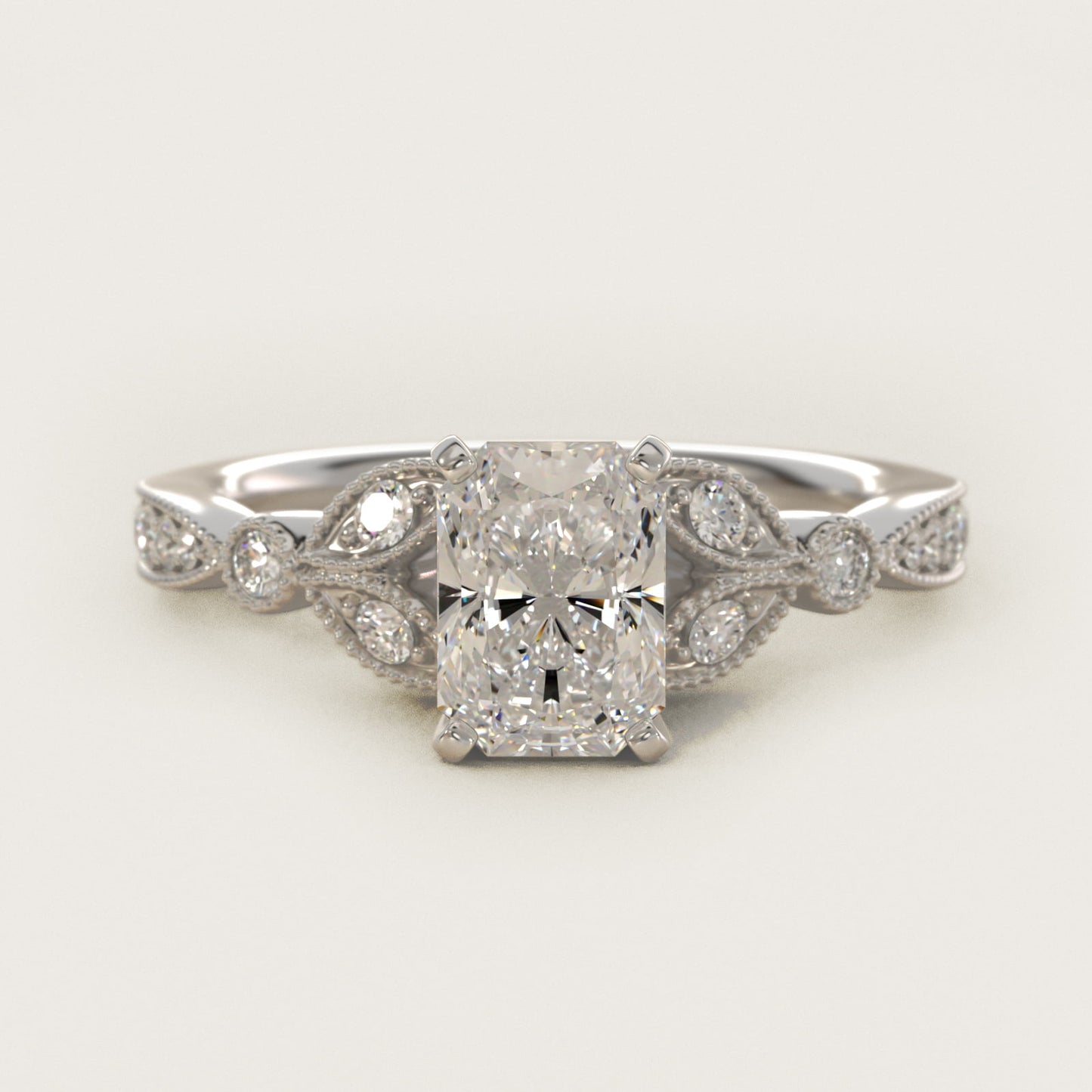Petite Vintage PavŽ Leaf Diamond Engagement Ring in 14k White Gold (1/5 ct. tw.) - Radiant Center