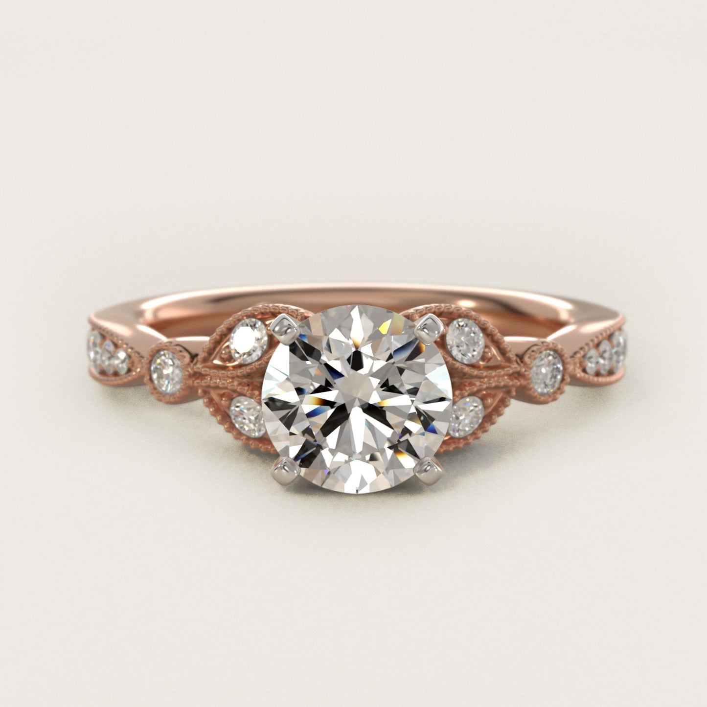 Petite Vintage PavŽ Leaf Diamond Engagement Ring in 14k Rose Gold (1/5 ct. tw.) - Round Center